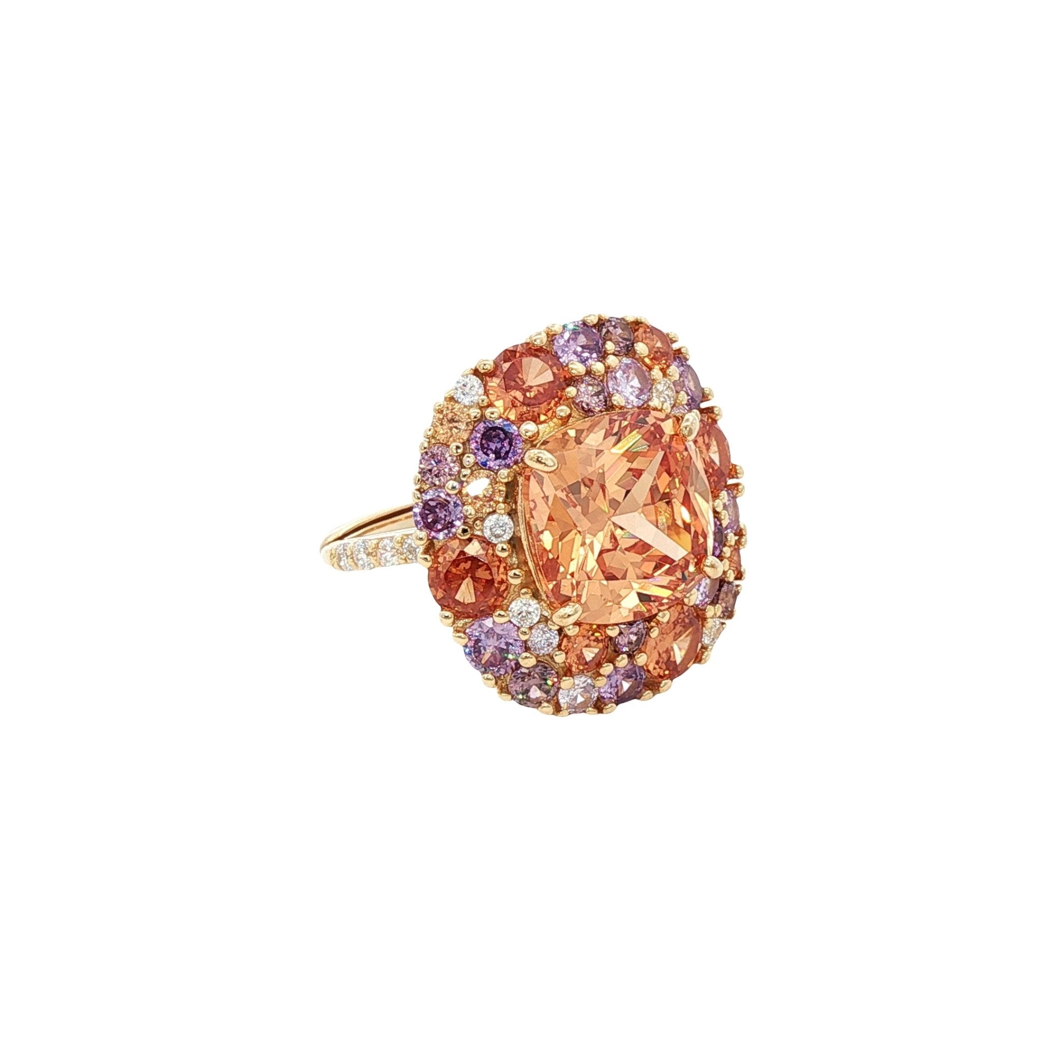925YG SQUARE CHAMPAGE WITH CLUSTER MULTICOLOR CZ RING - C'SANTOS