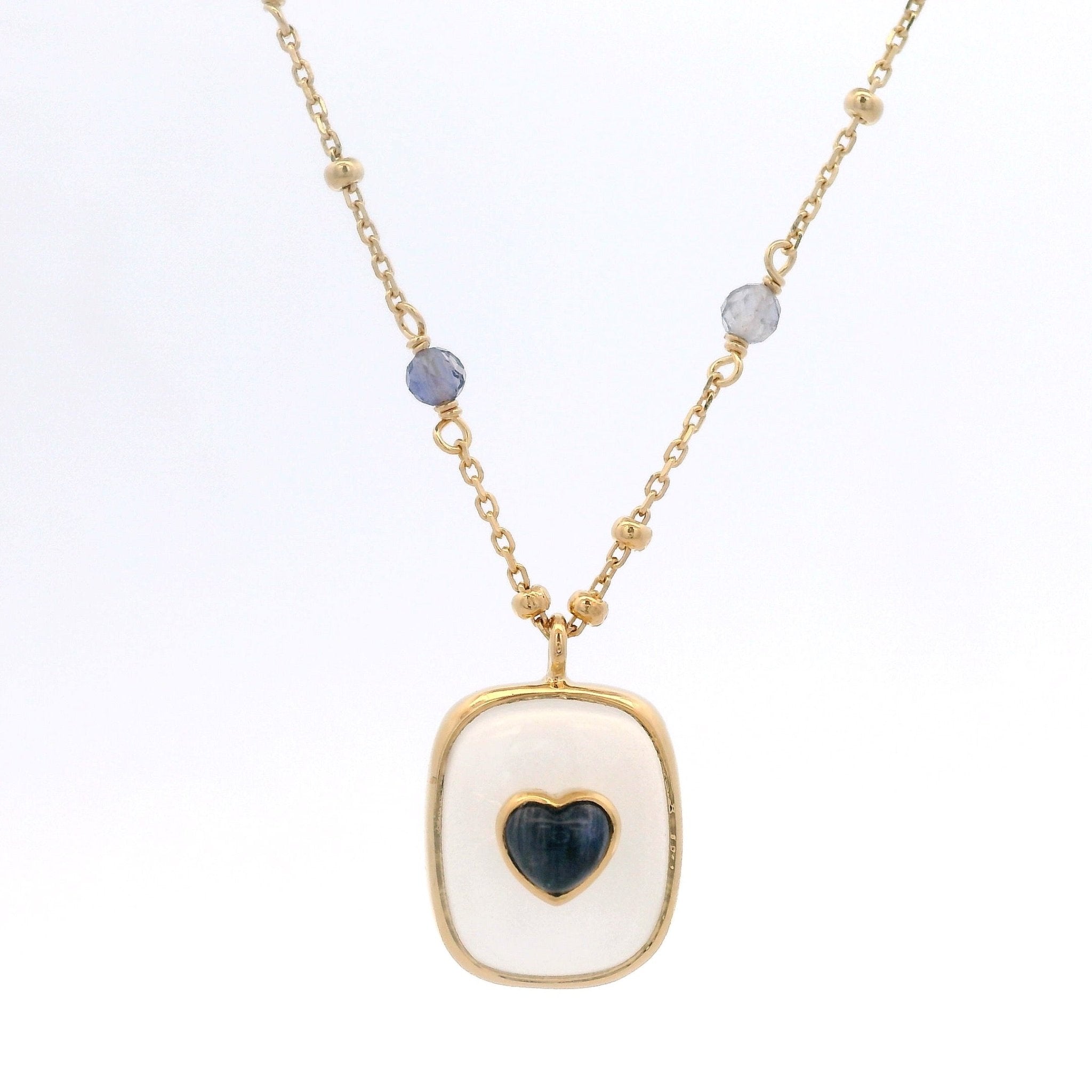 925YG SQUARE MOONSTONE AND HEART AGATE BLUE NECKLACE - C'SANTOS