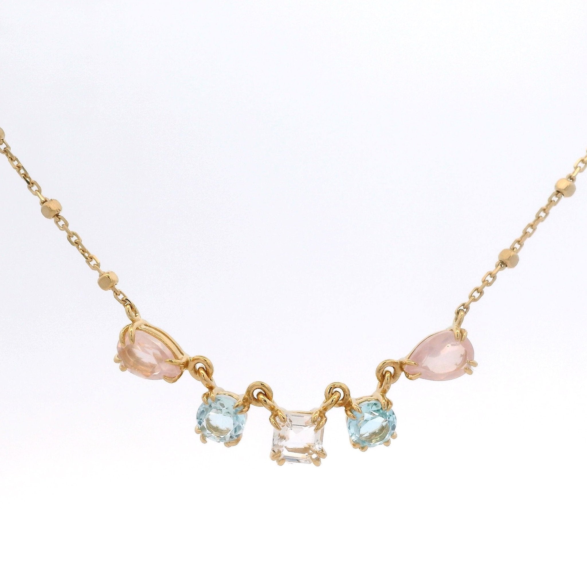 925YG STANTION CENTER ROCK CRYSTAL TOPAZ BLUE ROSE QUARTZ NECKLACE - C'SANTOS
