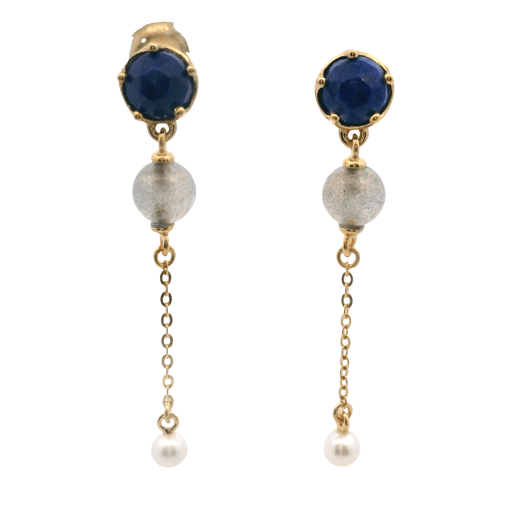 925YG STUD LAPIS LAZULI LABRADORITE CHAIN PEARL EARRINGS - C'SANTOS