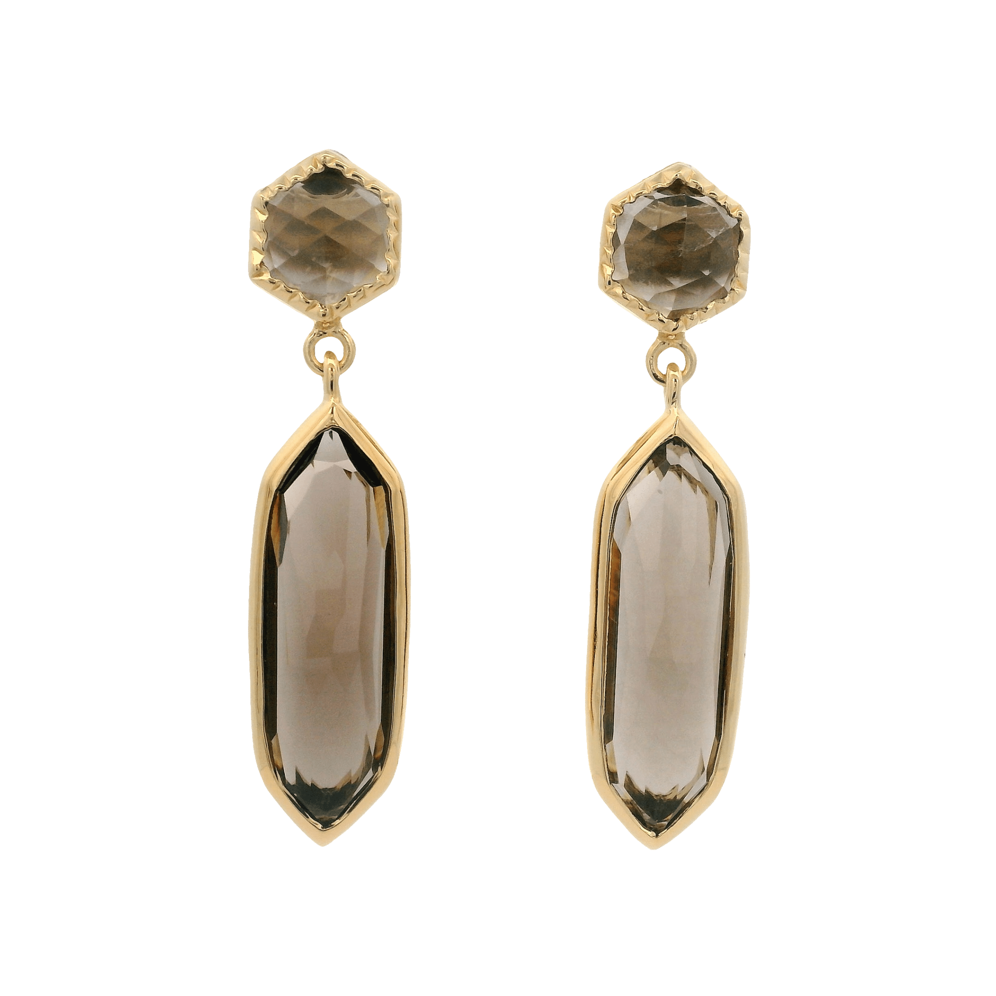 925YG STUD SMOKY QUARTZ AND HEXAGONAL SMOKY QUARTZ EARRINGS - C'SANTOS