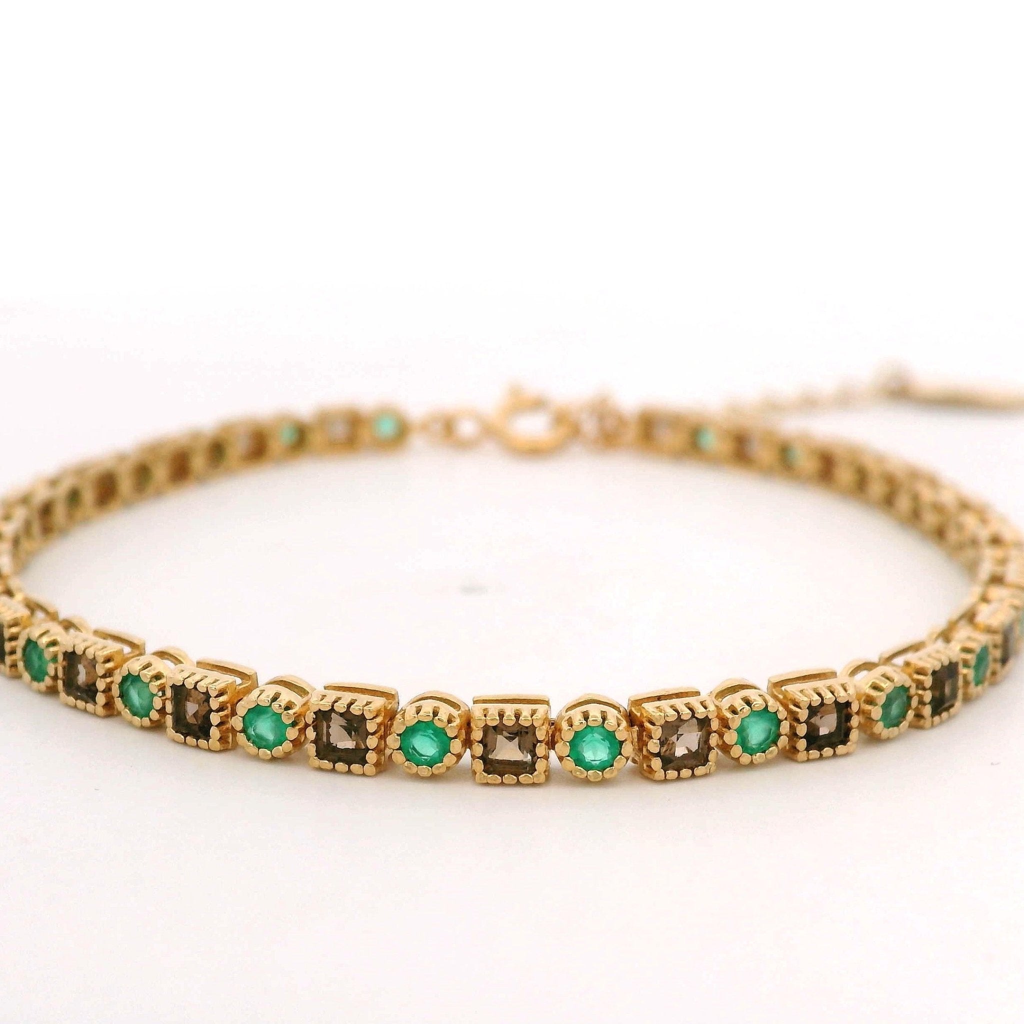 925YG TENNIS SQUARE SMOKY QUARTZ BEZEL ONIX BRACELET - C'SANTOS