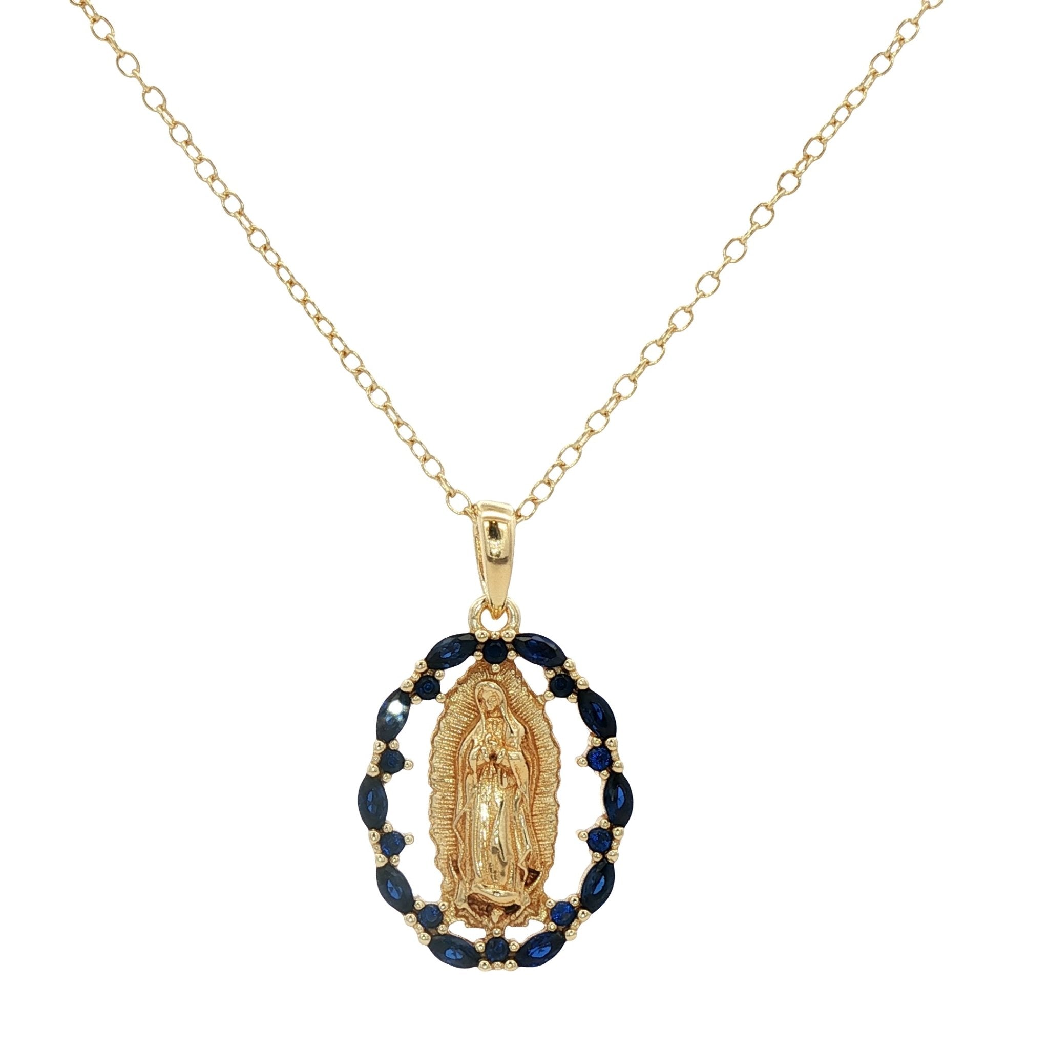 925YG VIRGIN OF GUADALUPE HALO BLUE CZ NECKLACE - C'SANTOS