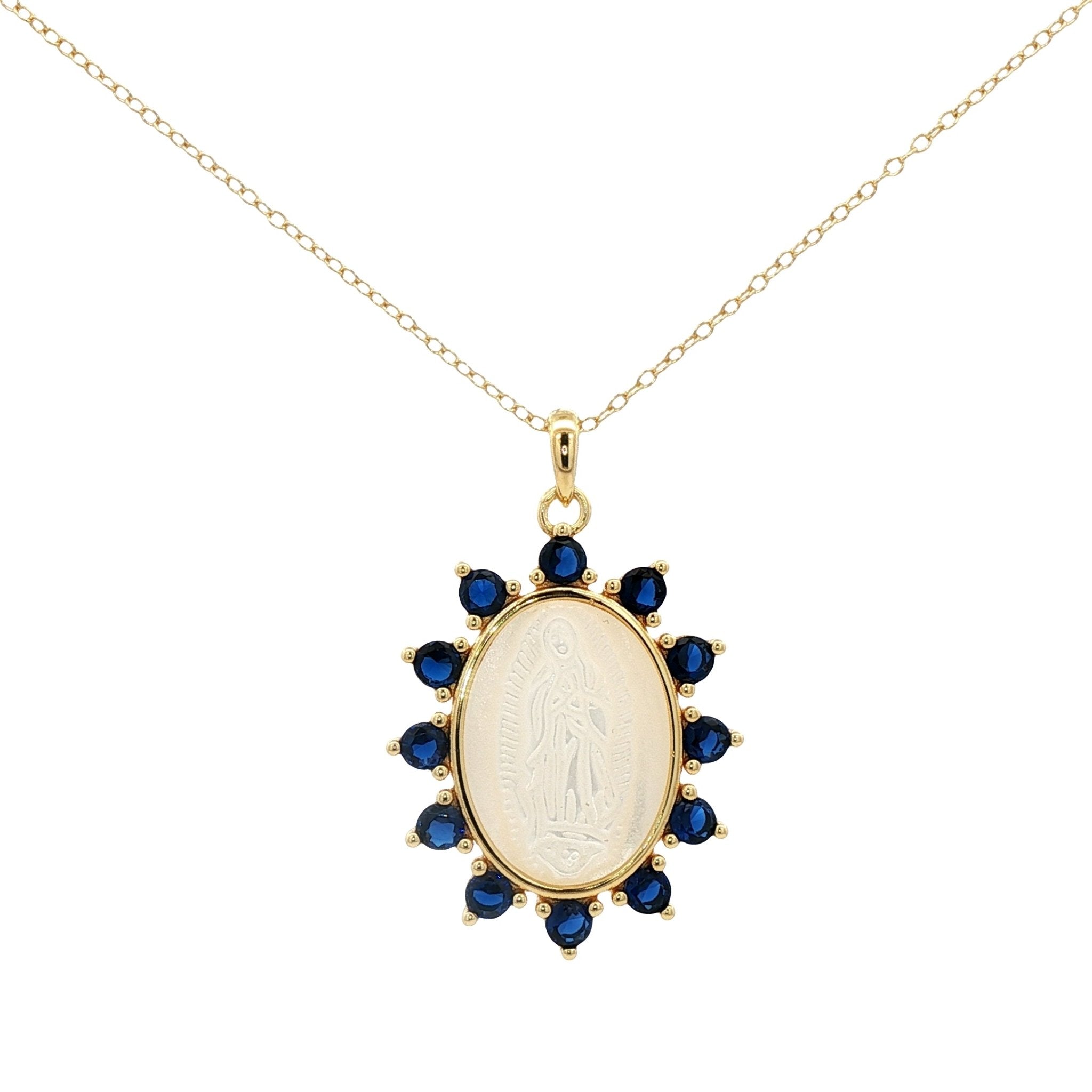 925YG VIRGIN OF GUADALUPE MOP AND BLUE CZ NECKLACE - C'SANTOS