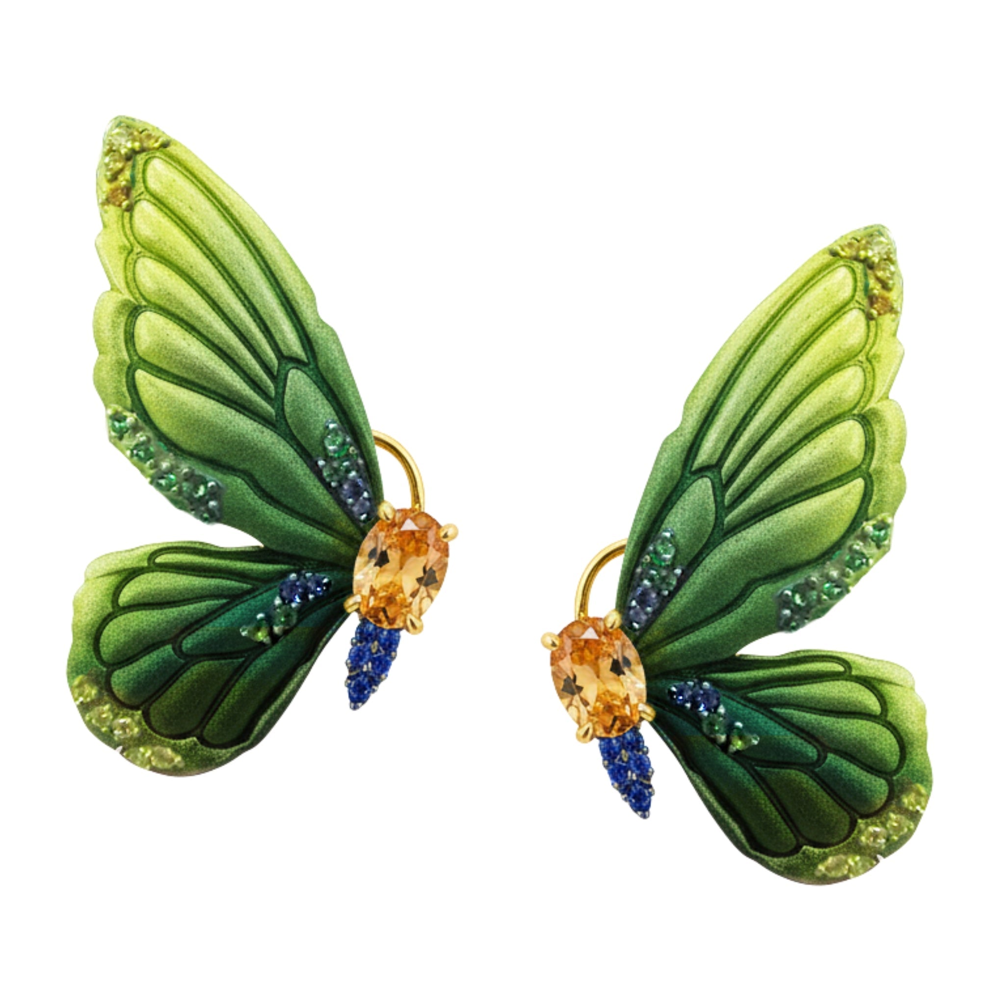 925YG WINGS BUTTERFLY ALUMINIUM GREEN TONE CENTER CHAMPANGE SYN EARRINGS - C'SANTOS