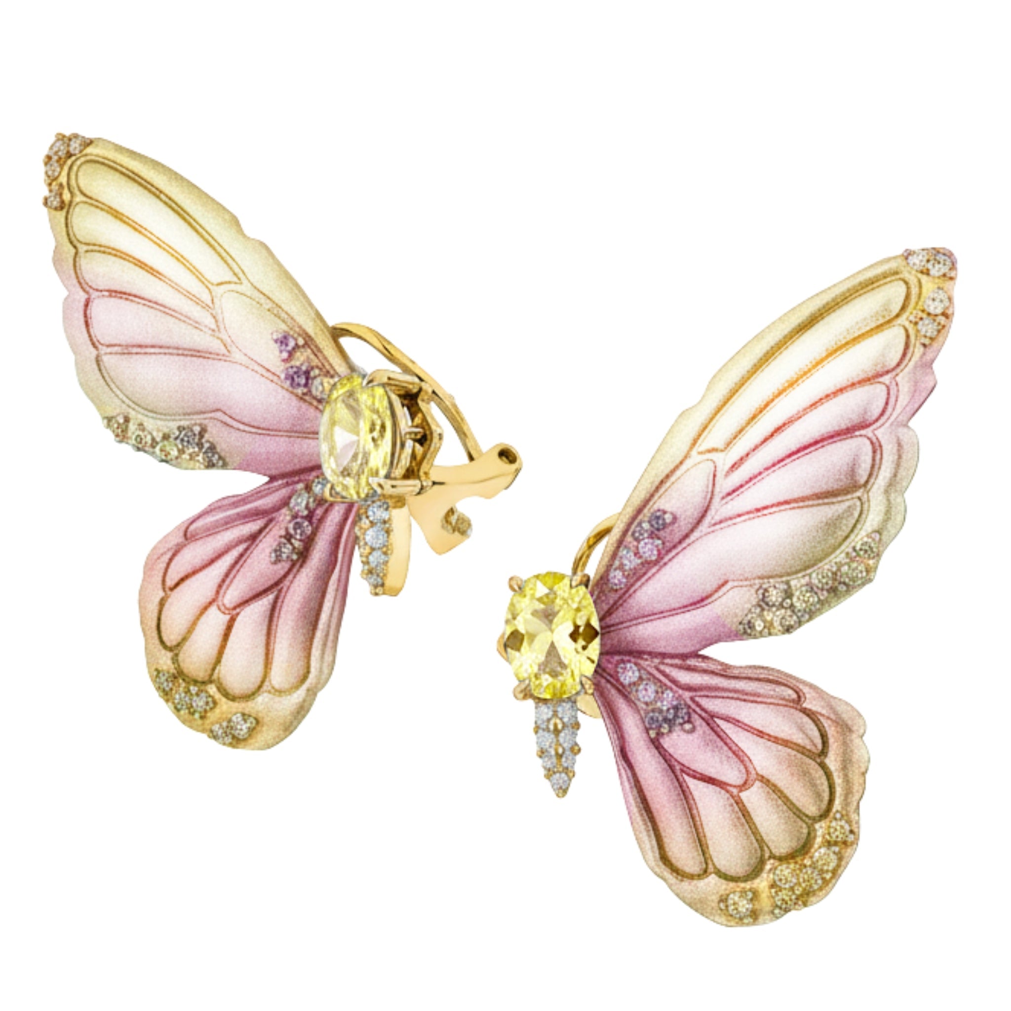 925YG WINGS BUTTERFLY ALUMINIUM PINK YELLOW CENTER CANNARY PINK CZ EARRINGS - C'SANTOS