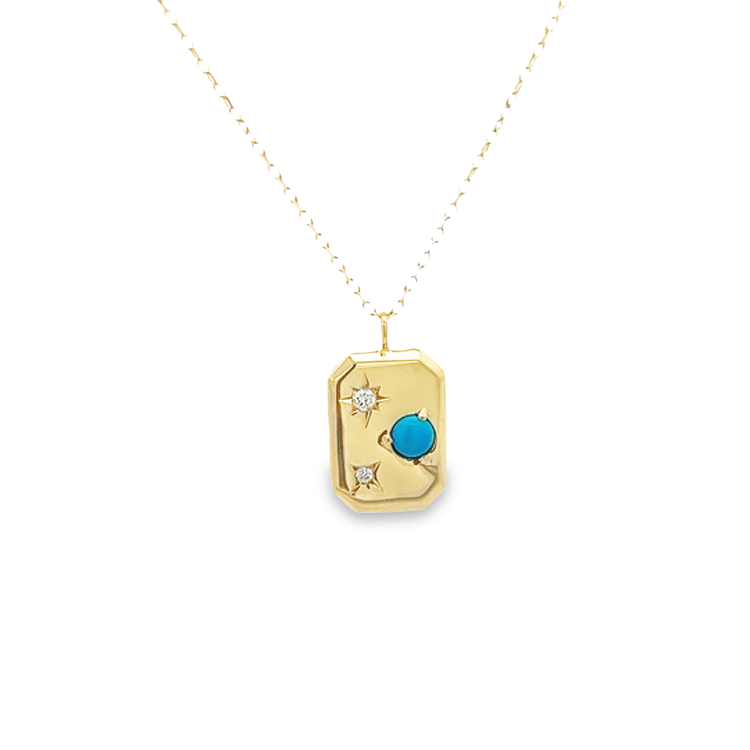 14K GOLD NECKLACE GH-SI DIAMOND 0.0185CT BLUE TURQUOISE