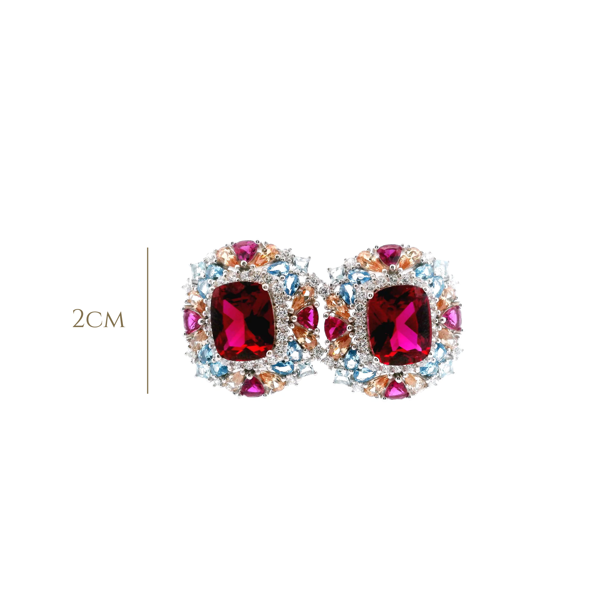 SQUARE RED WITH CLUSTER MULTICOLOR CRYSTALS EARRINGS IN 925 SILVER
