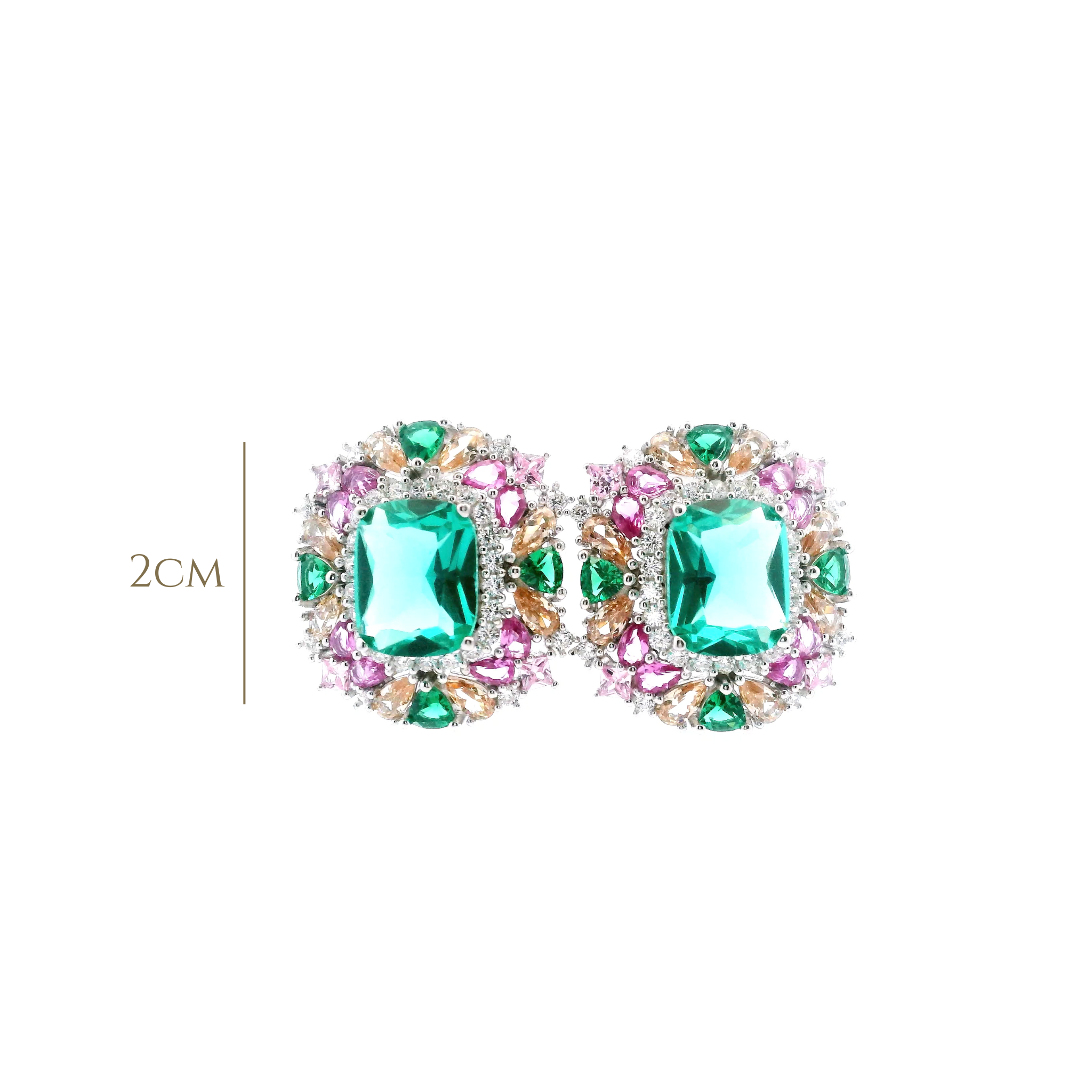 925SS SQUARE GREEN WITH CLUSTER MULTICOLOR CZ EARRINGS