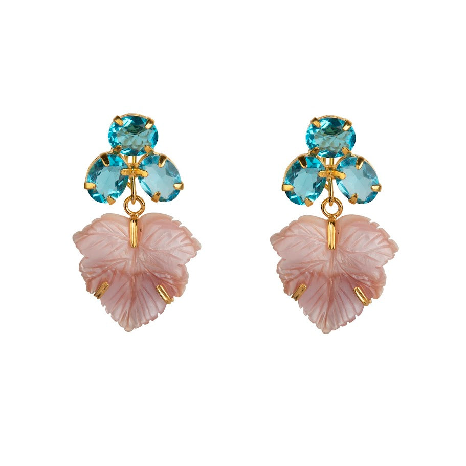 EARRINGS CLUSTER OF THREE OVAL BLUE QUARTZ WITH PINK MOTHER OF PEARL LEAF DROP