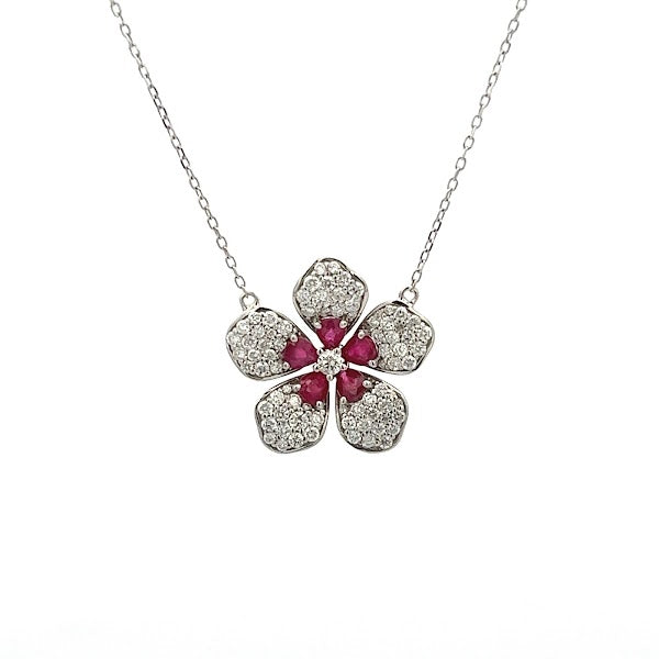 18K WHITE GOLD FLOWER NECKLACE WITH DIAMONDS AND RUBY