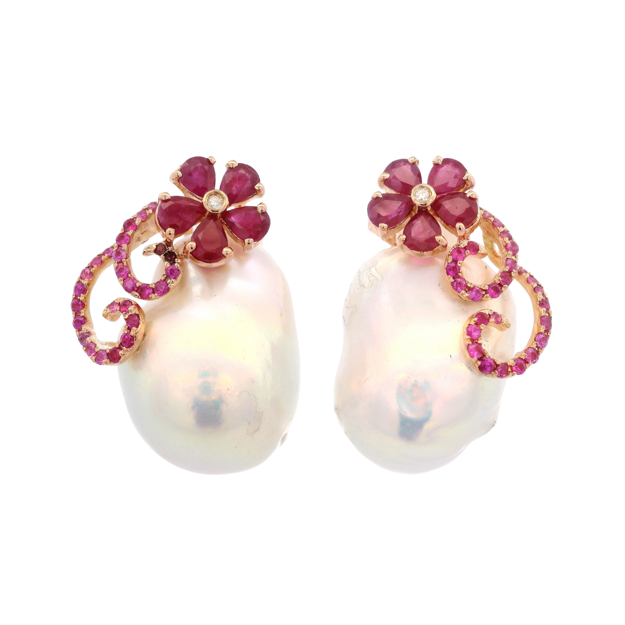 D0.03CT 18KR FLOWER AND PEARL BARROQUE EARRINGS MS2.96CT