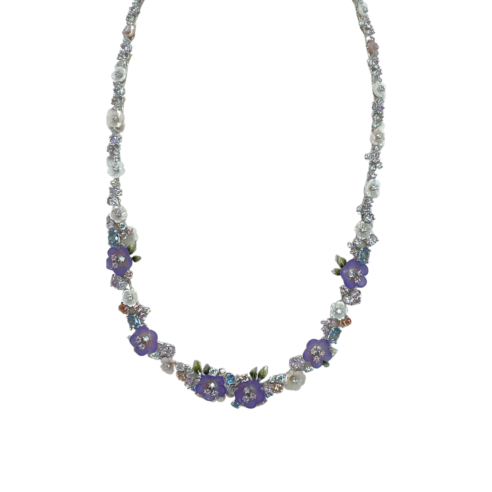 925SL LINKS OF FLOWERS PURPLE AND MIX STONE NECKLACE