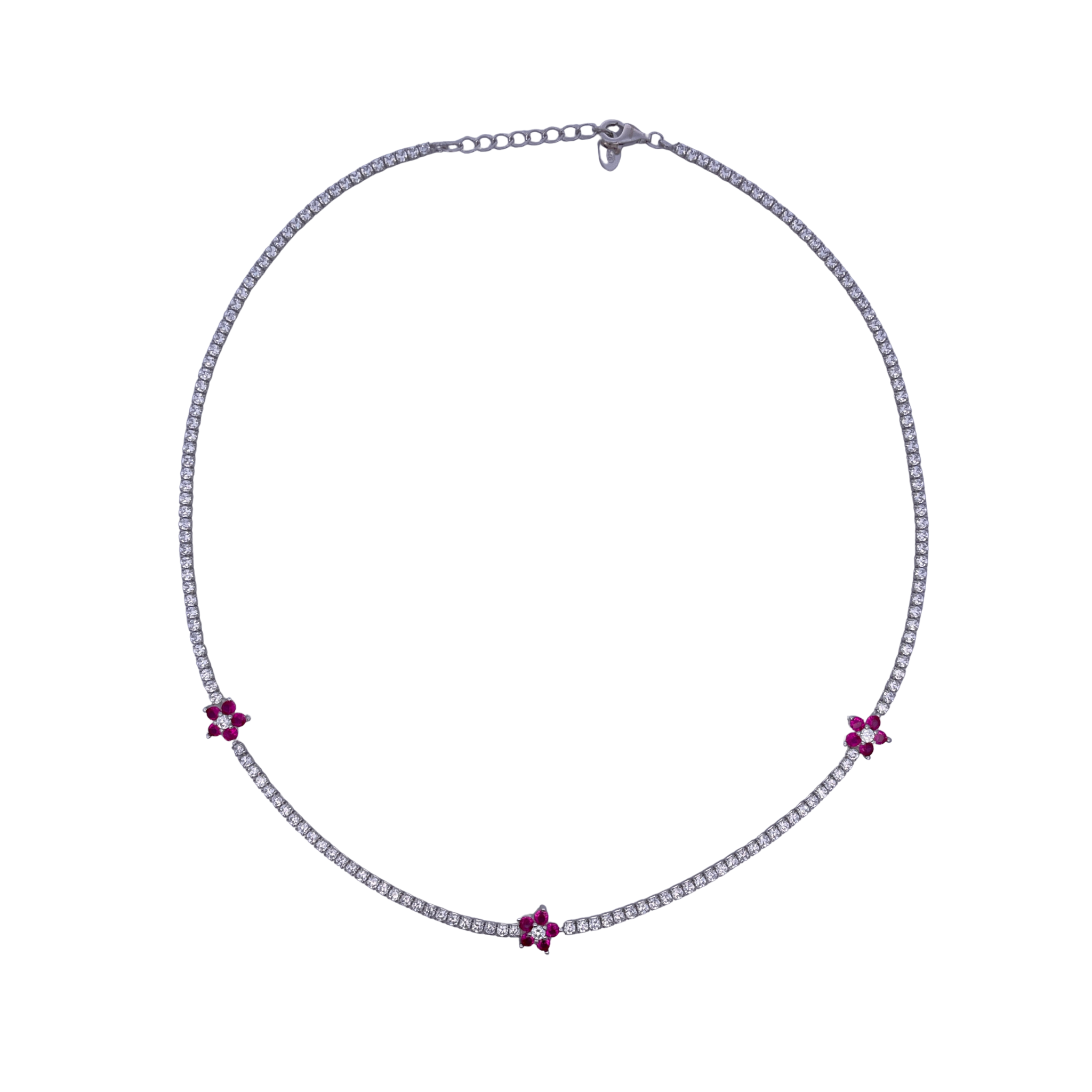 925SL TENNIS TRIPLE FLOWER CZ FUCHSIA NECKLACE