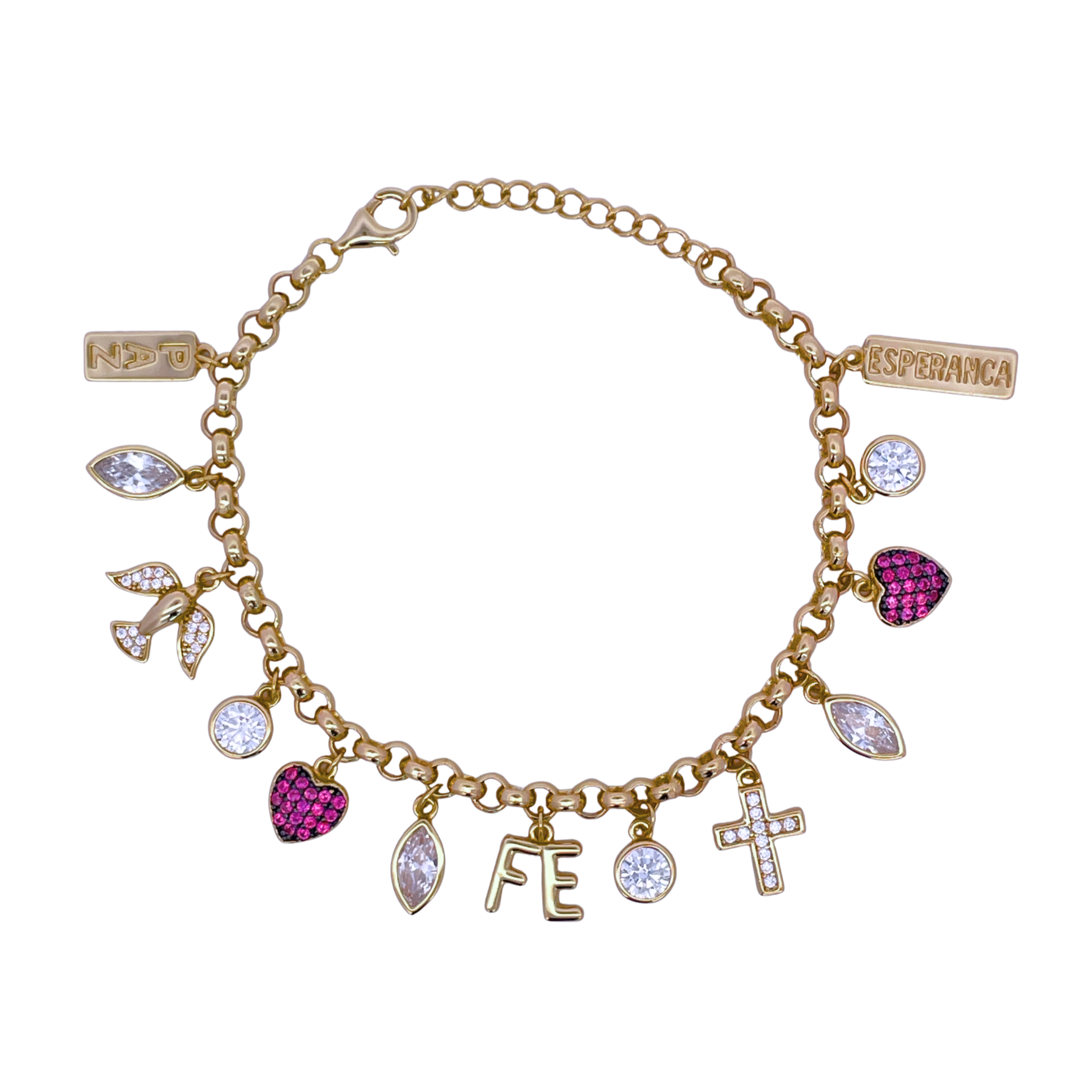 925YG MULTICHARMS RELIGIOUS HEART FUSHIA ESPERANCA BRACELET