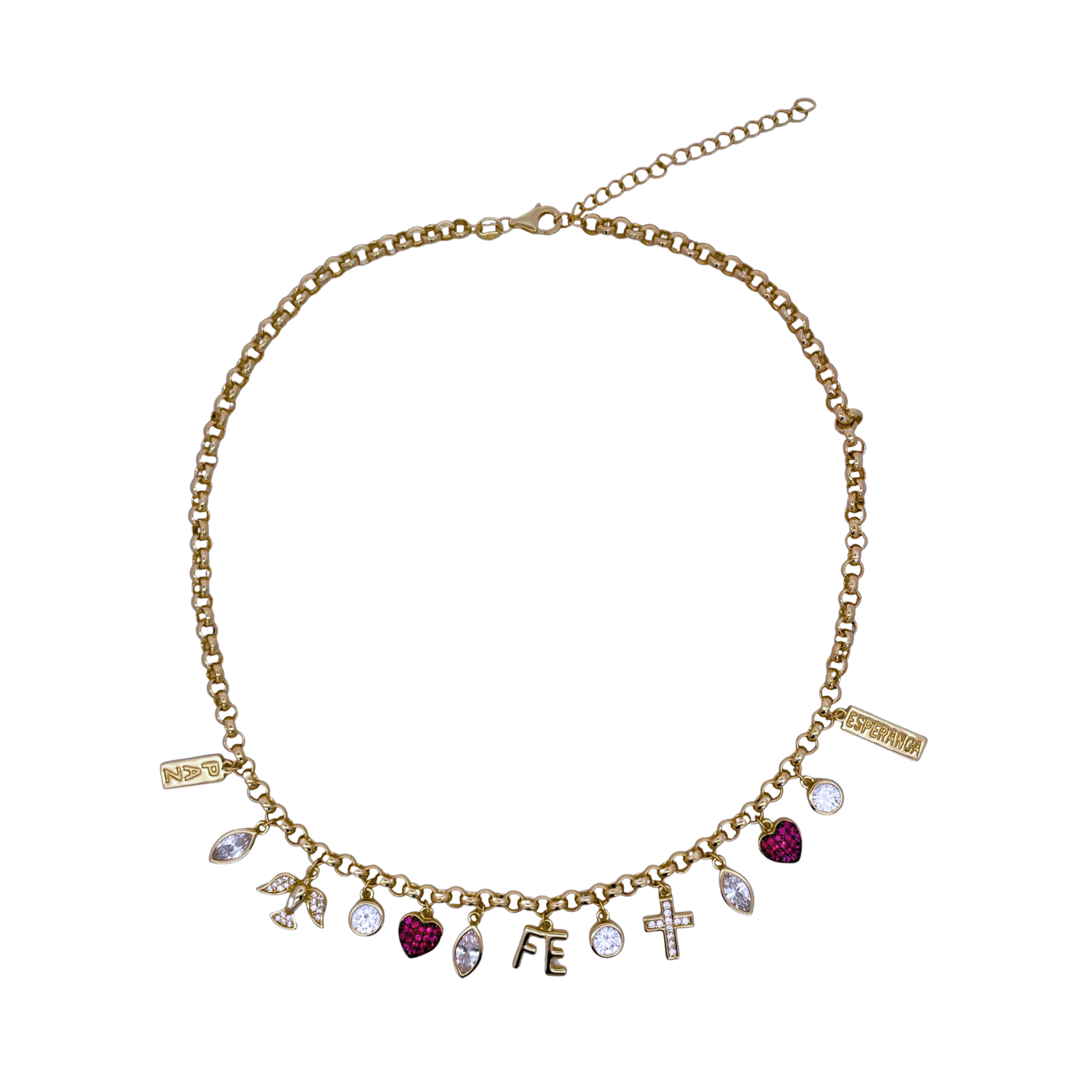 925YG MULTICHARMS RELIGIOUS HEART FUSHIA FE PAZ NECKLACE