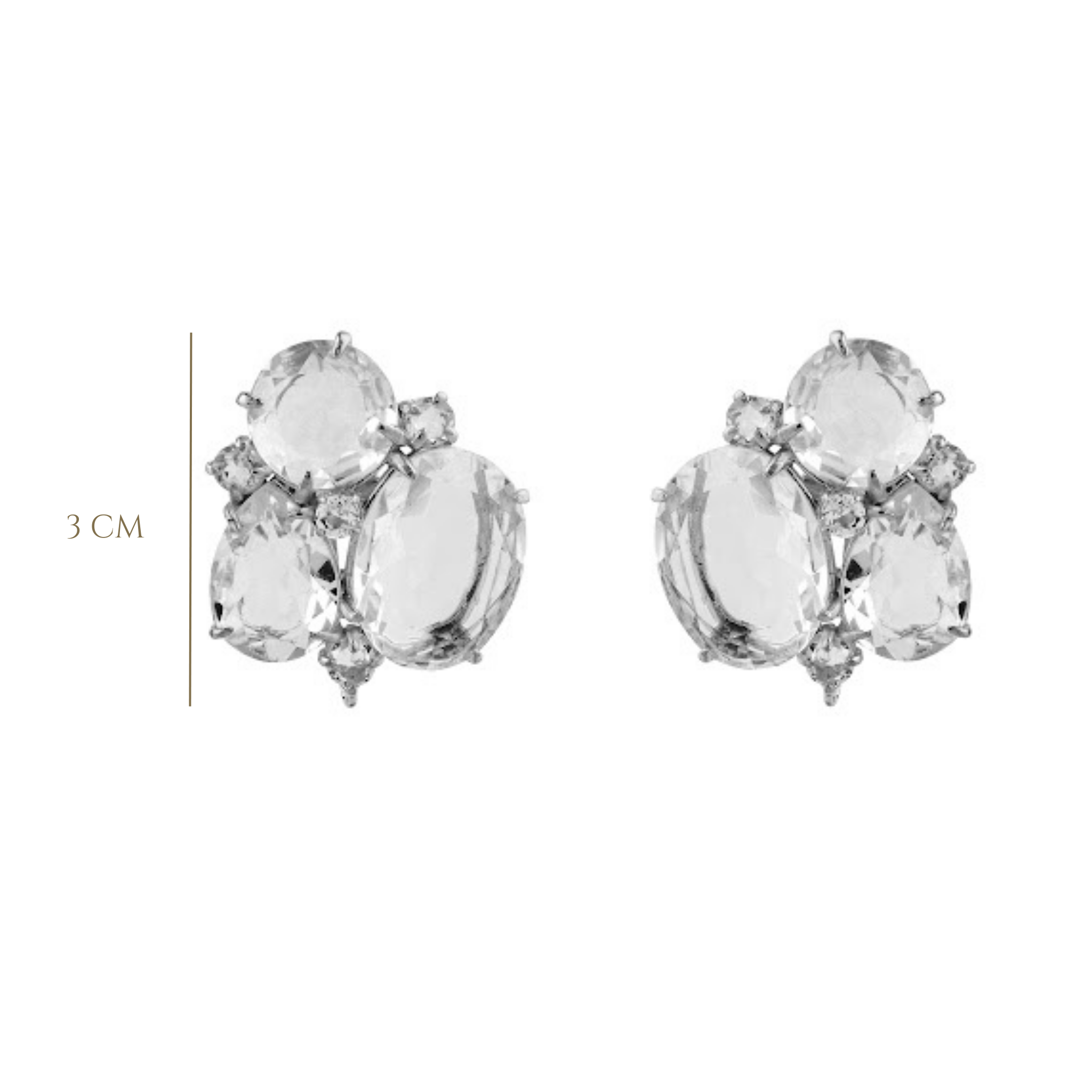 EARRINGS CLUSTER OF MULTI SHAPES OF CLEAR QUARTZ SET WITH RHODIUM PLATED