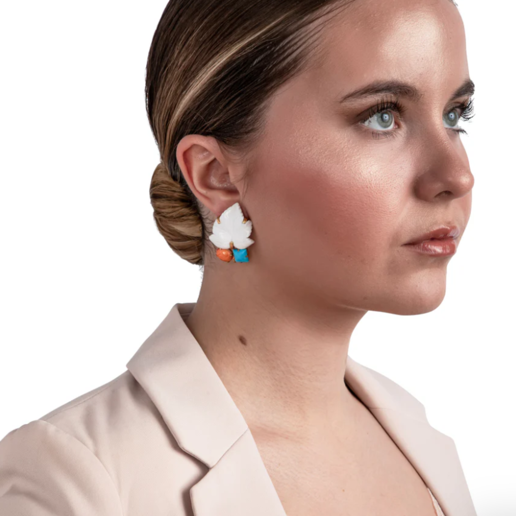 EARRINGS CARVED WHITE AGATE LEAF WITH TURQUOISE AND SPINY OYESTER