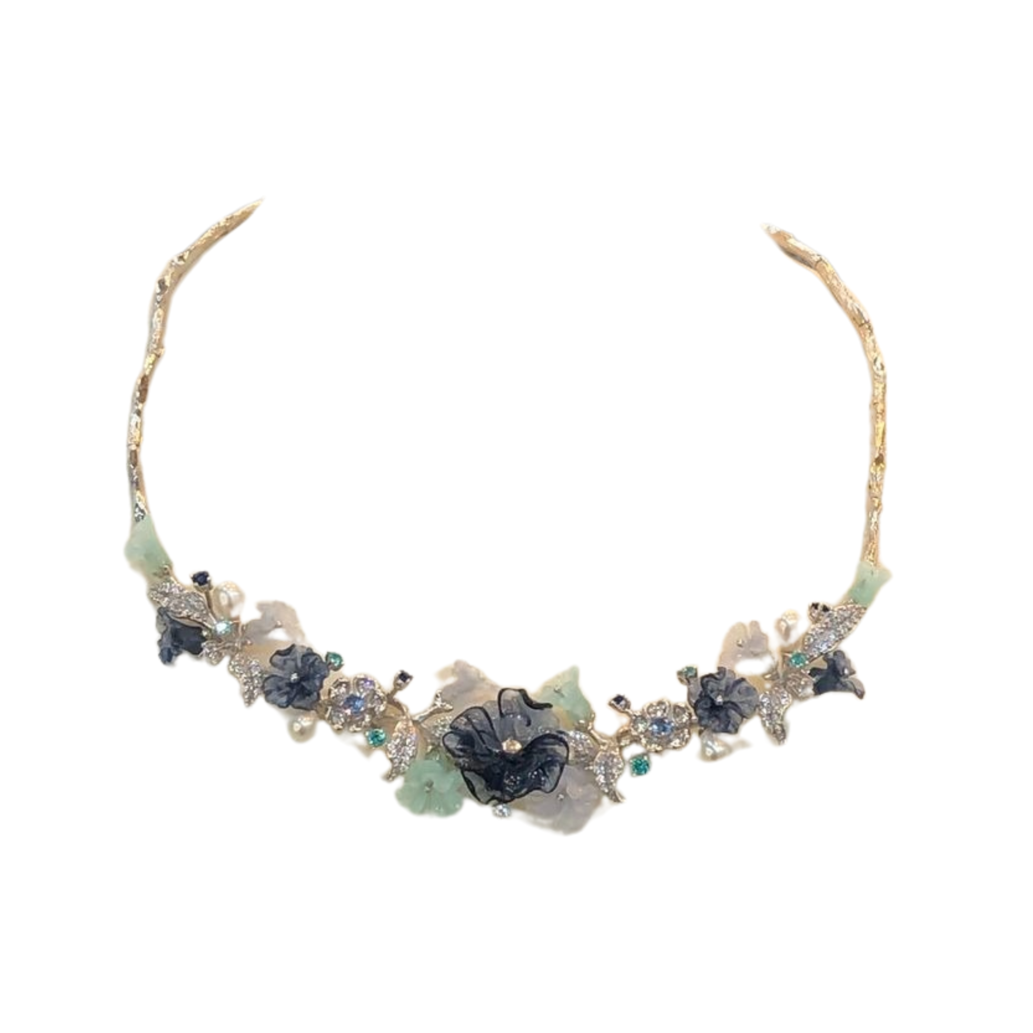 925SL CARVED ACRYLIC BLUE FLOWER TRANSLUCENT AND PEARL NECKLACE
