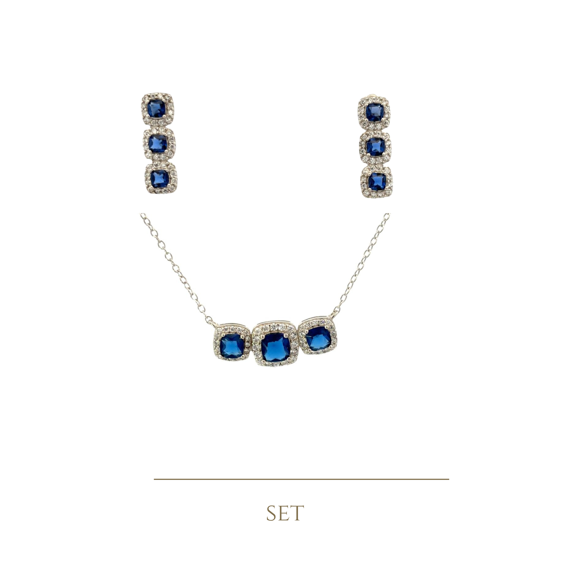 925SS TRIO SQUARE CZ BLUE SET