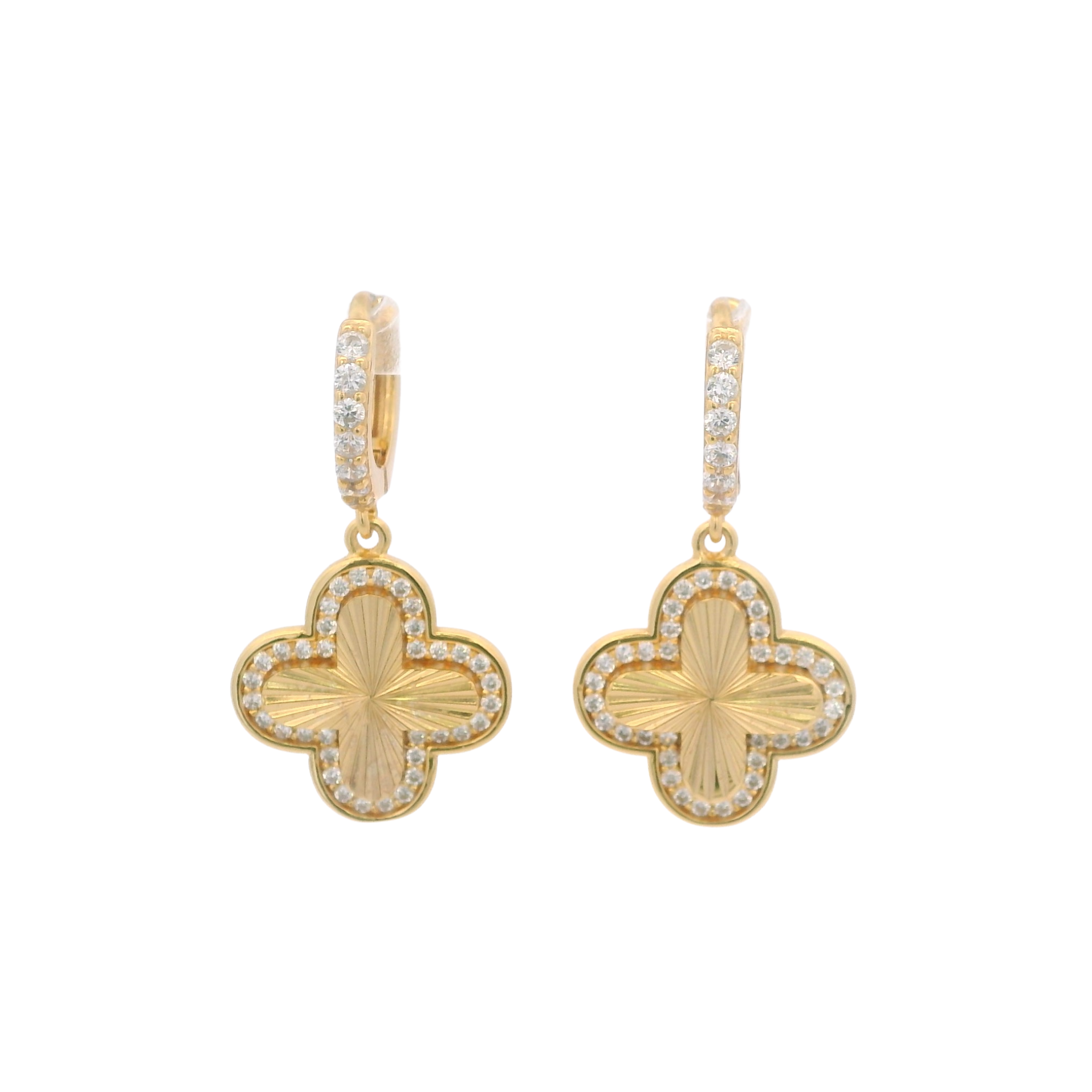 925YG CLOVER TEXTURE WITH CZ AROUND EARRINGS