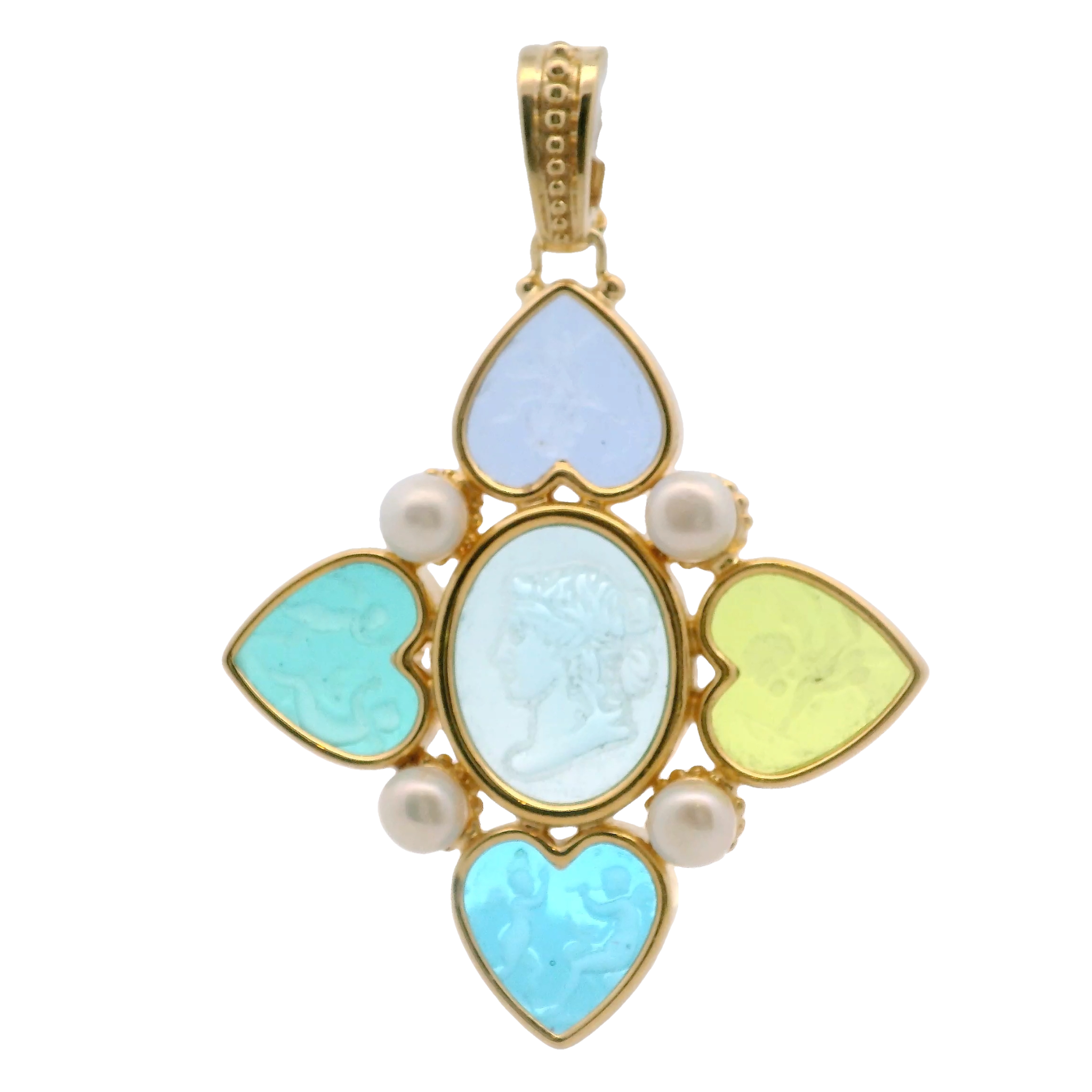 925GG MULTICOLOR FLOWER HEART WOMAN PROFILE CENTER SKY BLUE PENDANT