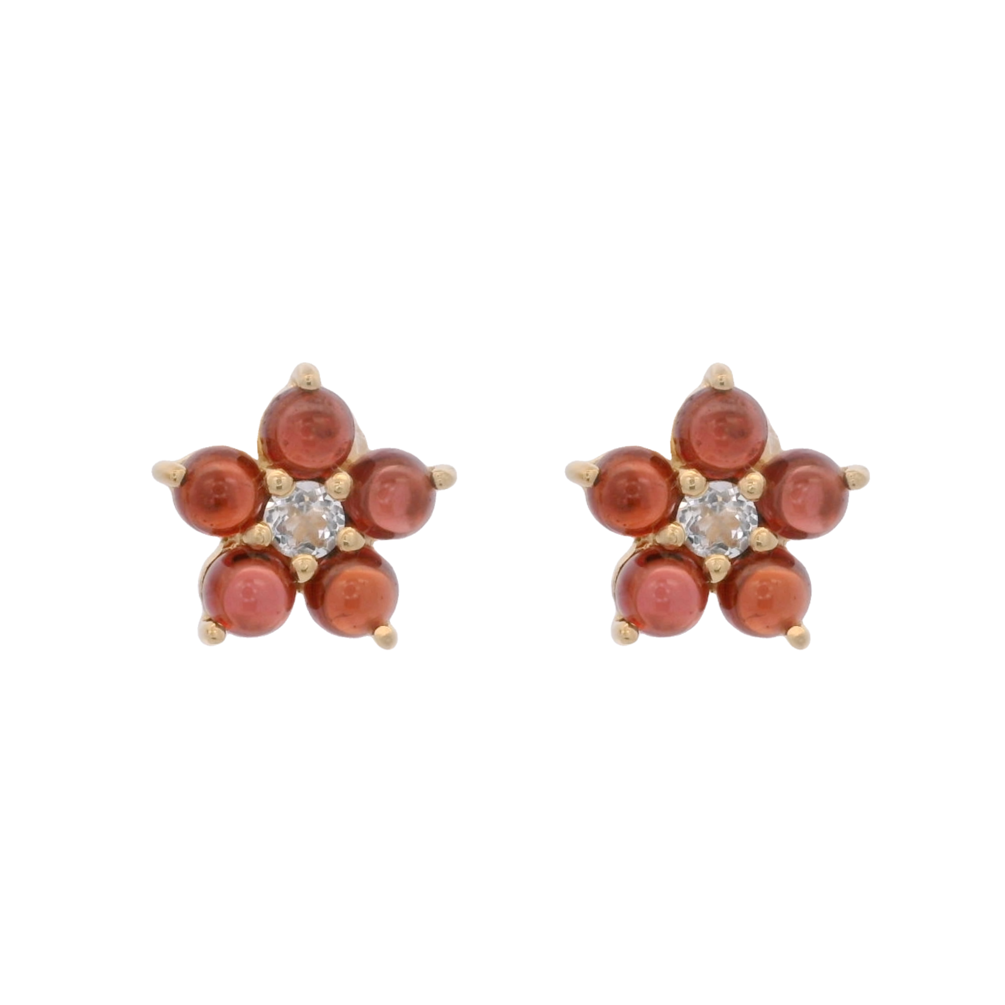 925YG FLOWER 10MM GARNET CENTER TOPAZ WHITE EARRINGS