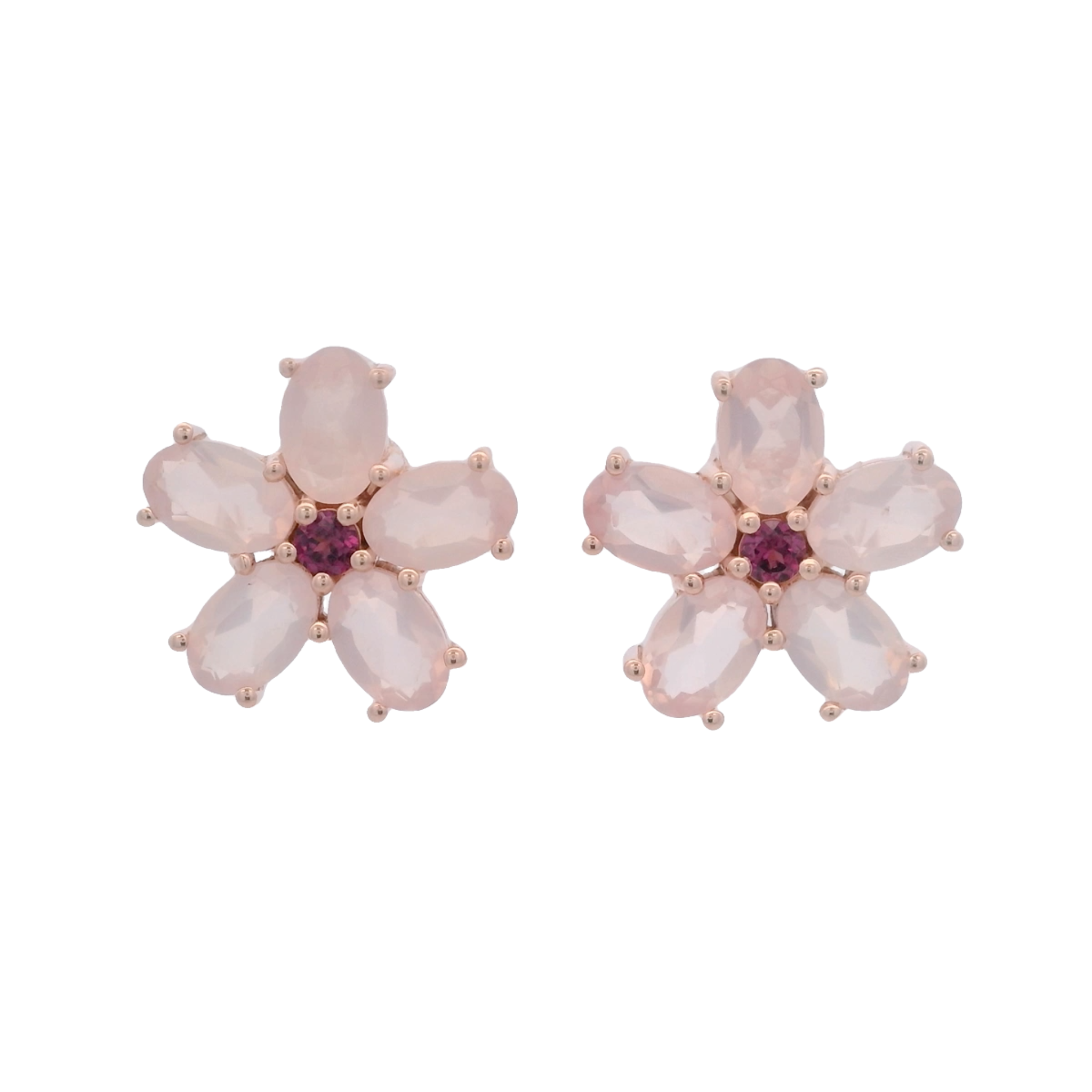 925RG FLOWER 14MM ROSE QUARTZ CENTER AMETHYST EARRINGS