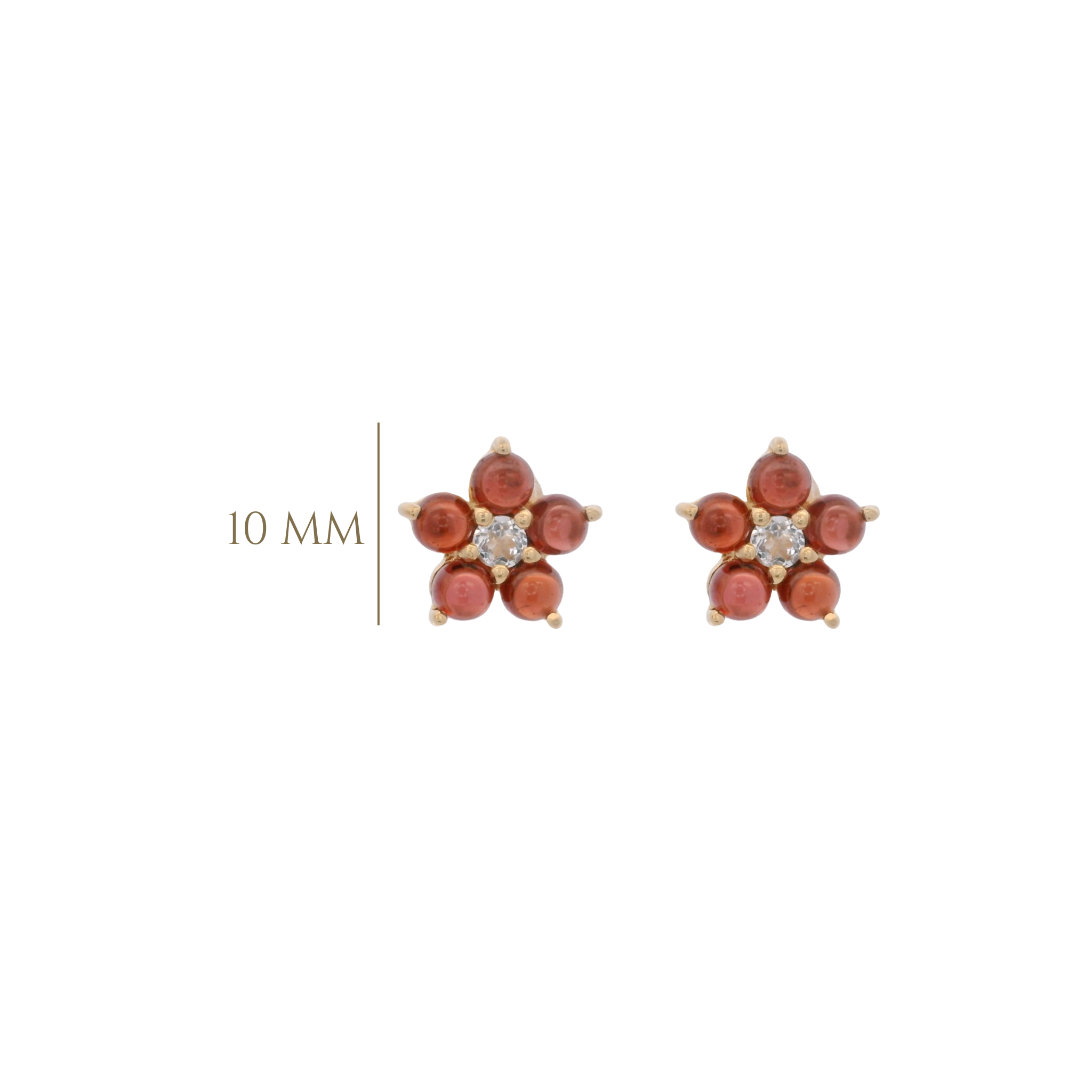 925YG FLOWER 10MM GARNET CENTER TOPAZ WHITE EARRINGS