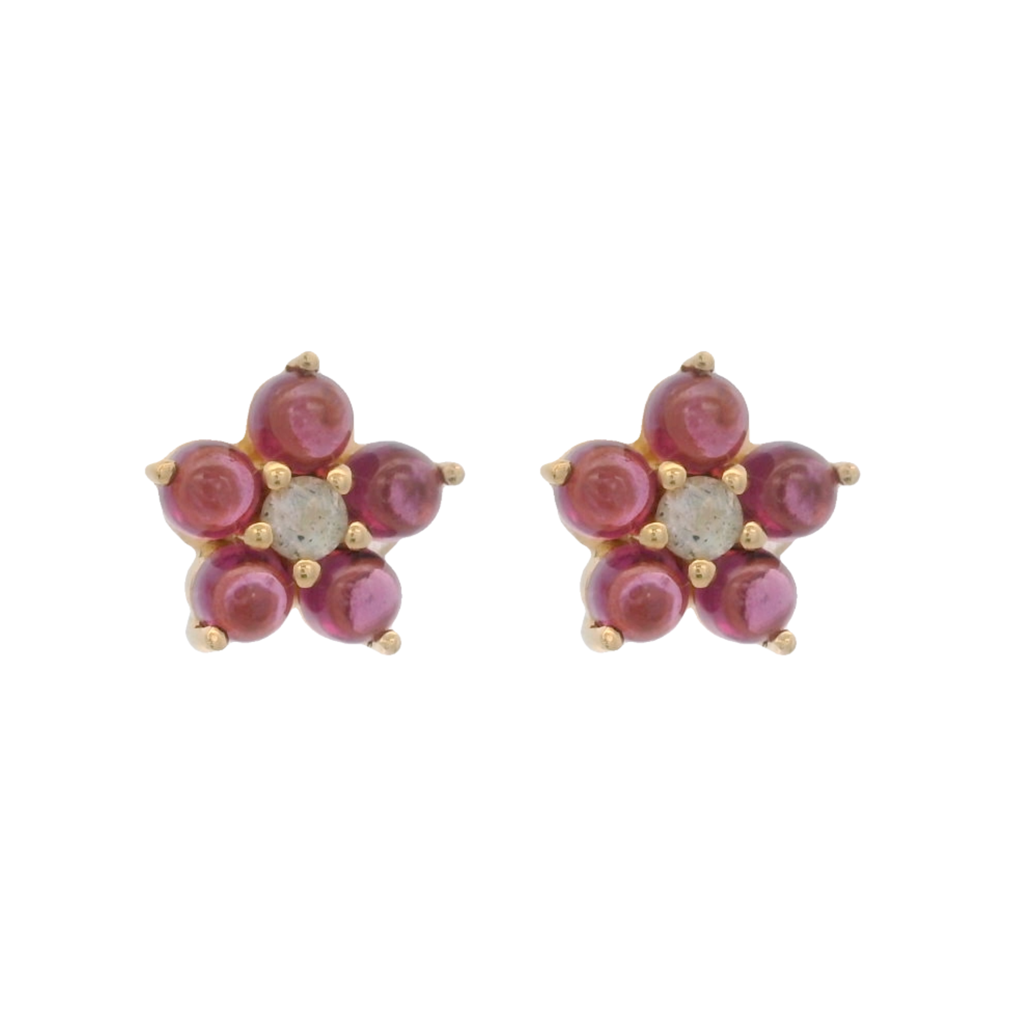 925YG FLOWER 8MM GARNET CENTER LABRADORITE EARRINGS