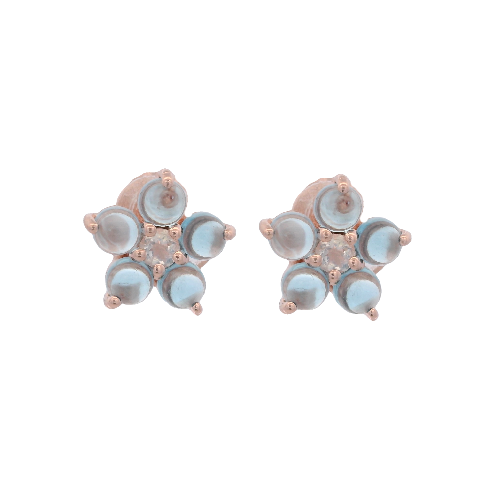 925RG FLOWER 8MM TOPAZ BLUE CENTER MOONSTONE EARRINGS