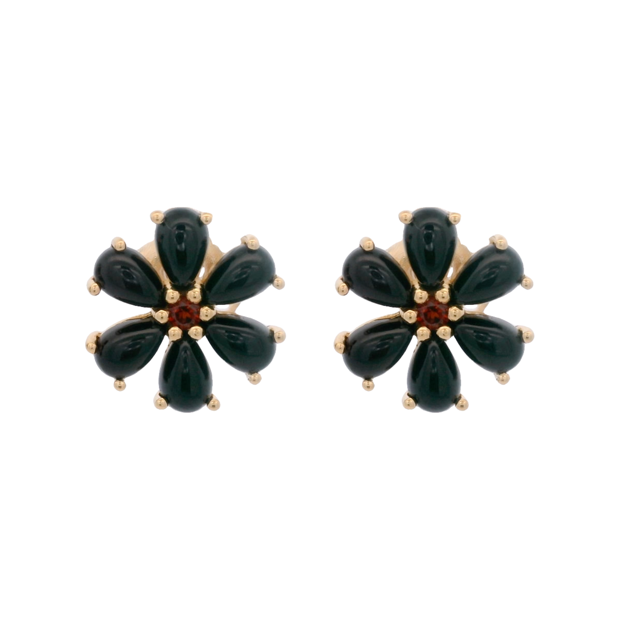 925YG FLOWER 12MM ONYX BLACK CENTER GARNET EARRINGS