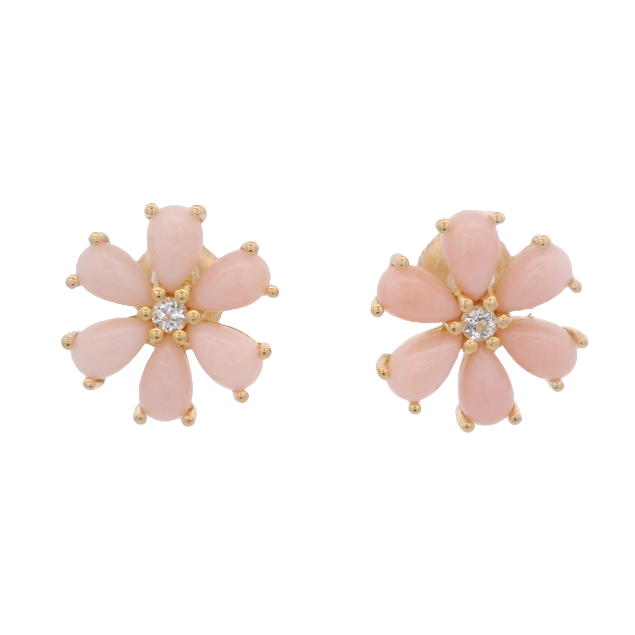 925YG FLOWER 12MM OPAL PINK CENTER TOPAZ WHITE EARRINGS