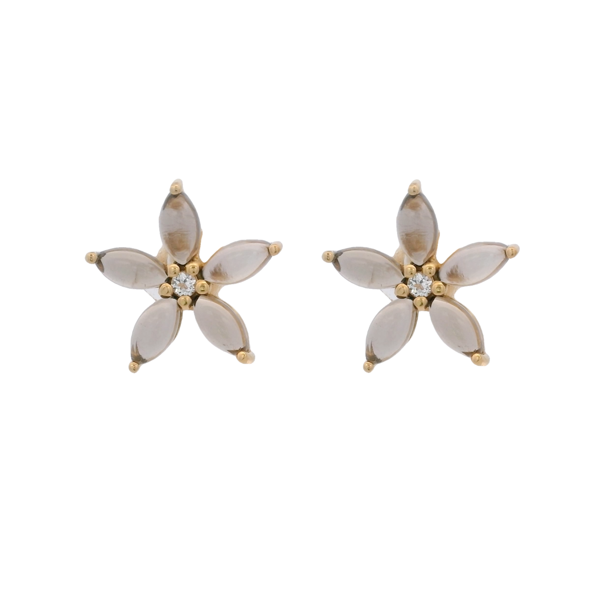 925YG FLOWER 15MM SMOKY QUARTZ CENTER TOPAZ WHITE EARRINGS