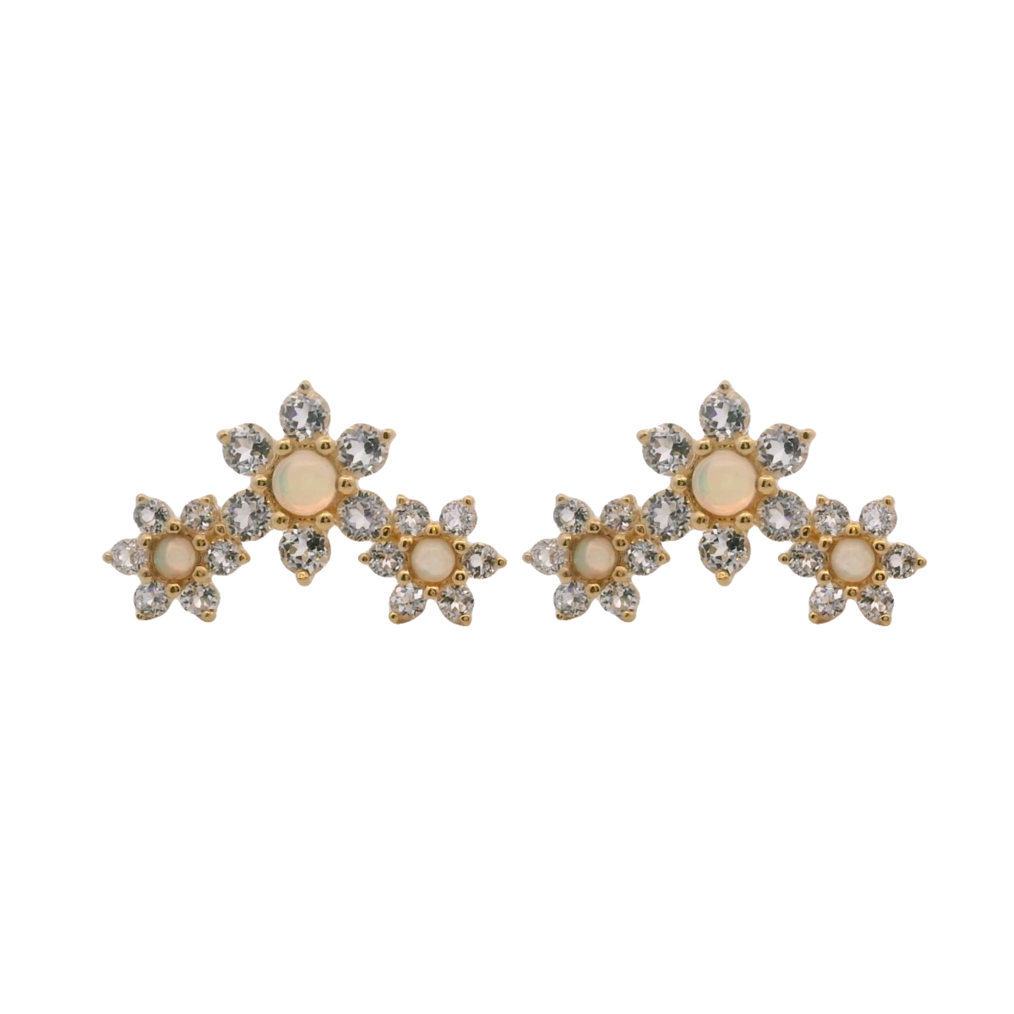 925YG TRIPLE FOWER TOPAZ WHITE CENTER ETHIOPIAN OPAL EARRINGS
