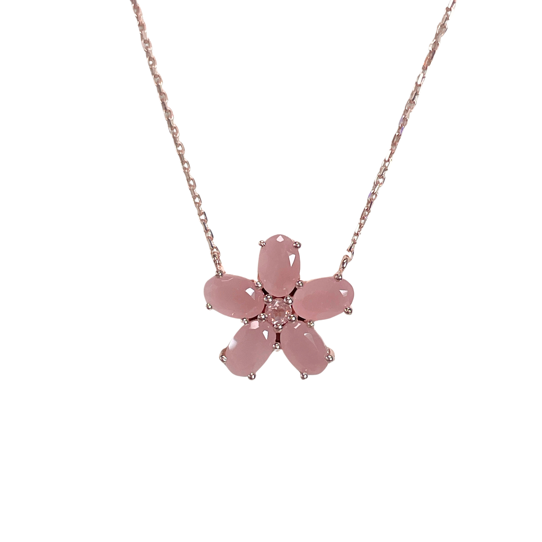 925RG FLOWER 14MM PINK QUARTZ CENTER ROSE QUARTZ NECKLACE