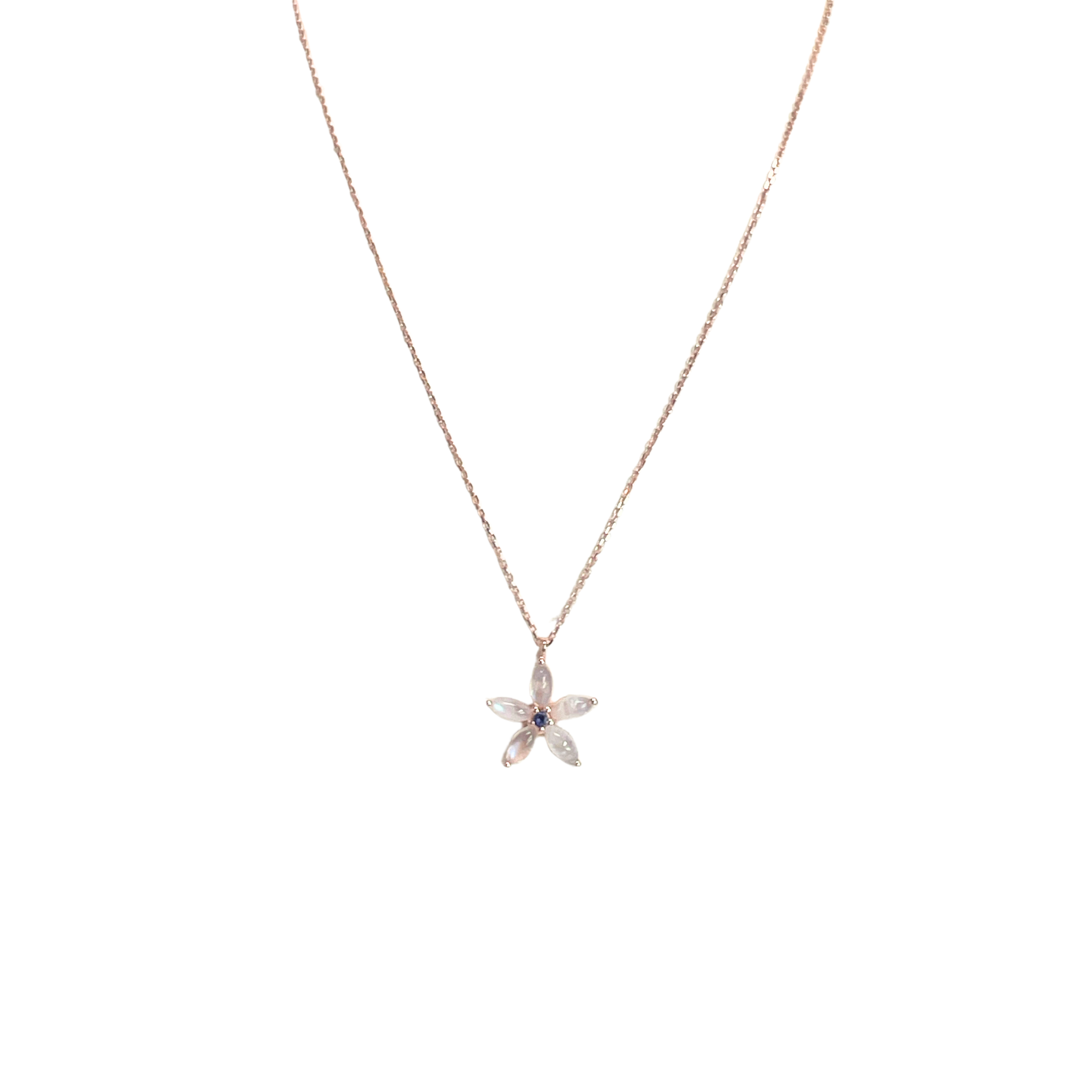 925RG FLOWER 15MM MOOSTONE CENTER IOLITE NECKLACE
