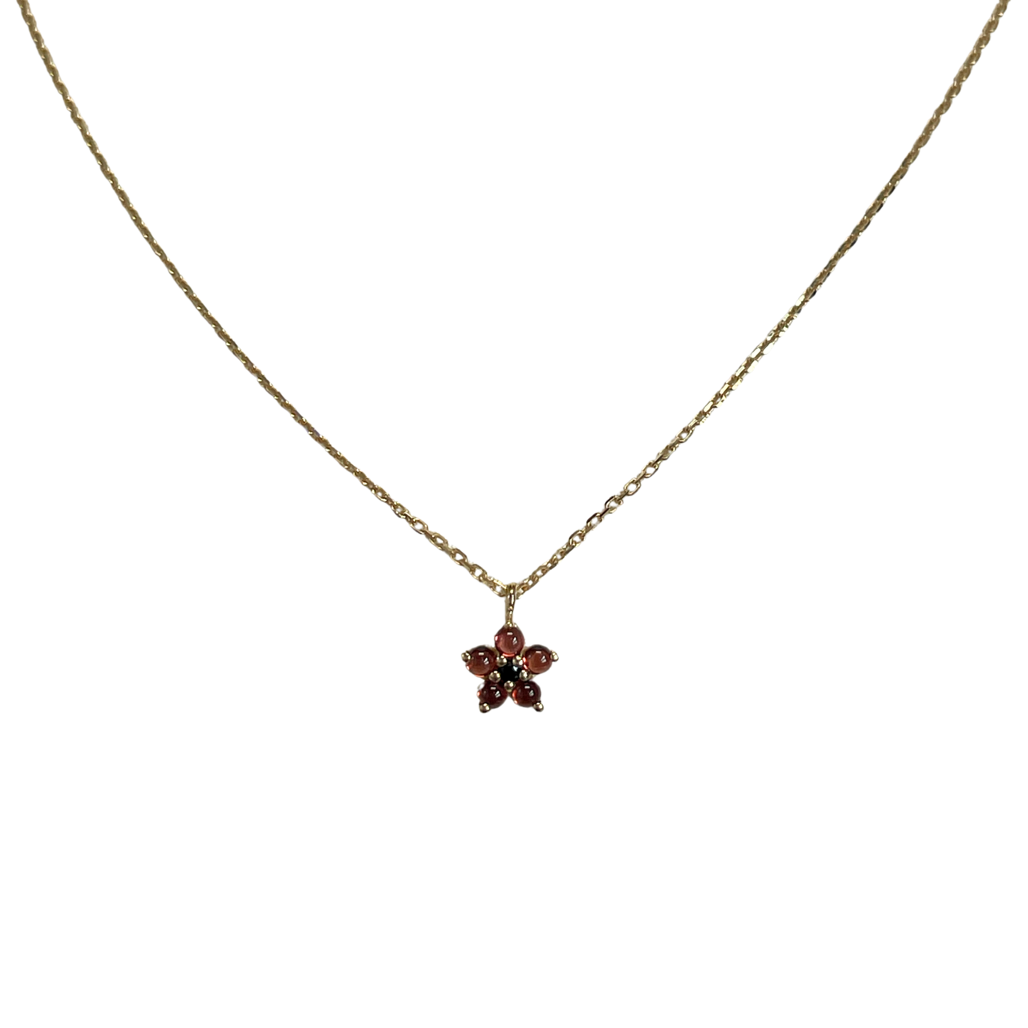 925YG FLOWER 6MM GARNET CENTER SPINEL BLACK NECKLACE