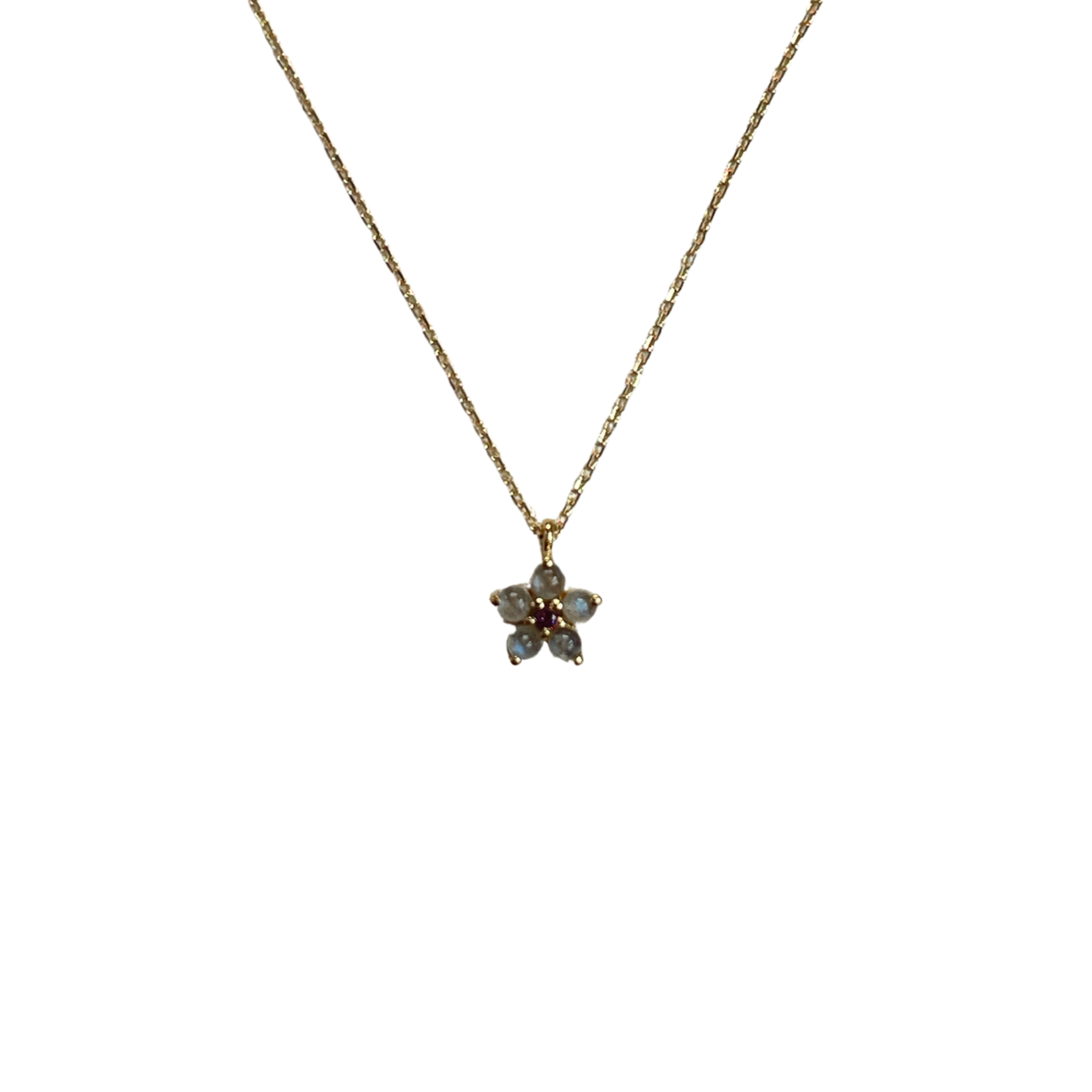 925YG FLOWER 6MM LABRADORITE CENTER GARNET NECKLACE