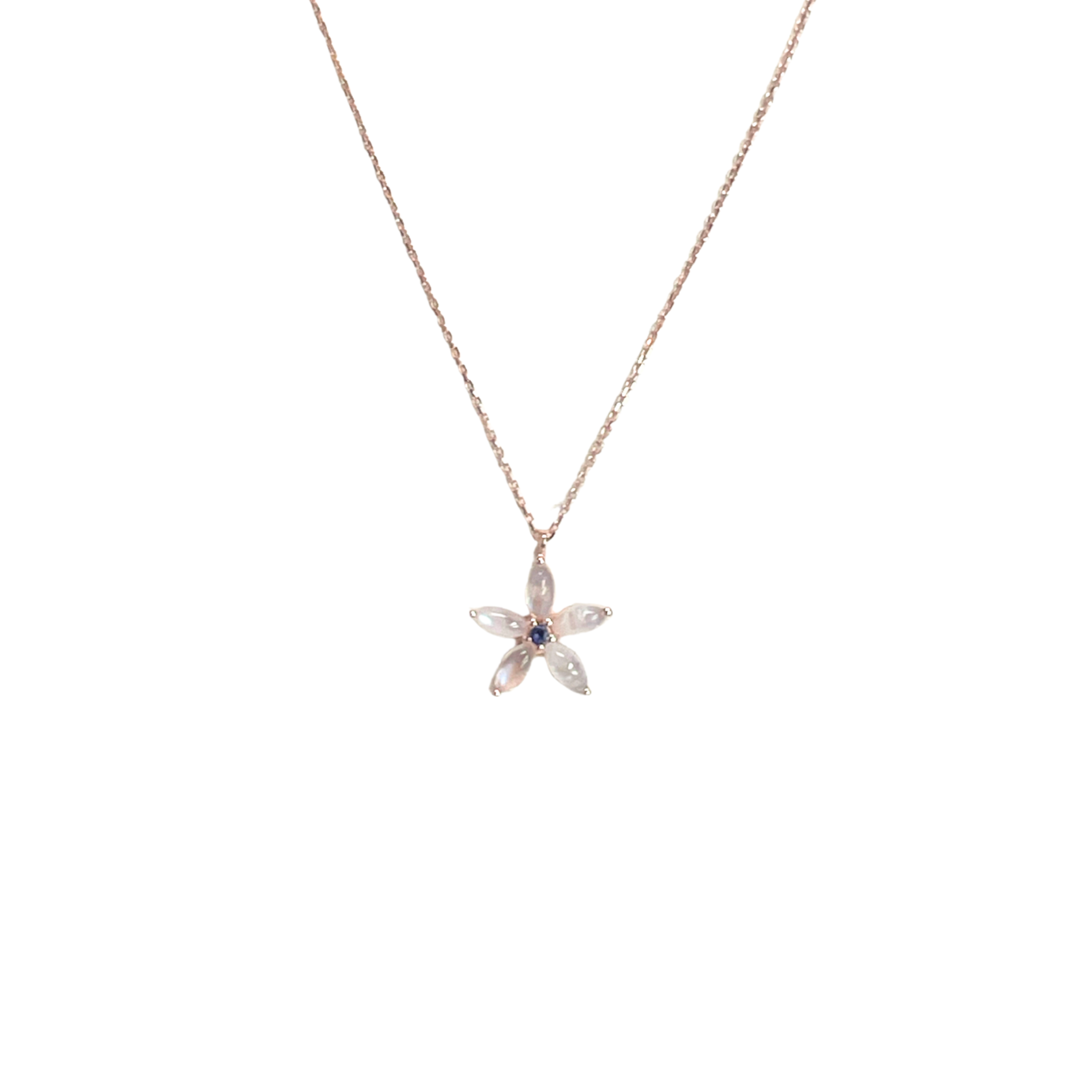 925RG FLOWER 15MM MOOSTONE CENTER IOLITE NECKLACE