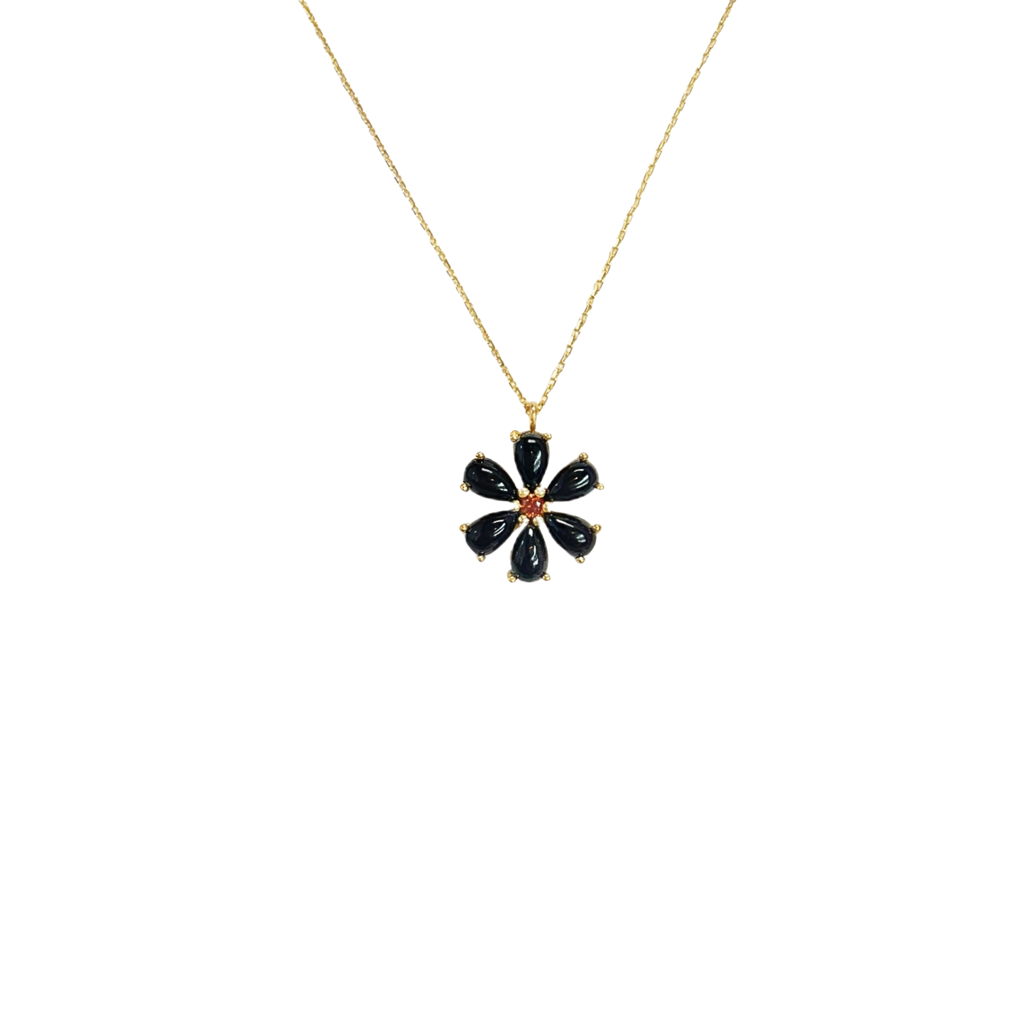 925YG FLOWER 12MM ONYX BLACK CENTER GARNET NECKLACE
