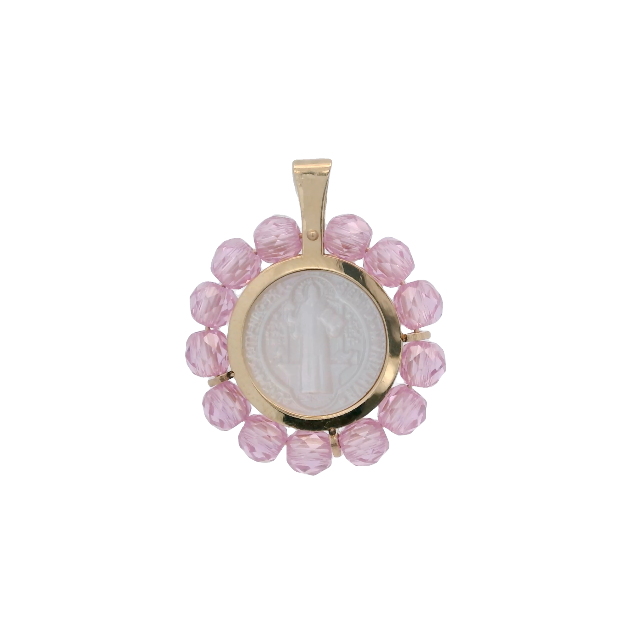 14KY SAN BENEDICT WITH BEAND PINK AROUND 17.5MM MEDAL
