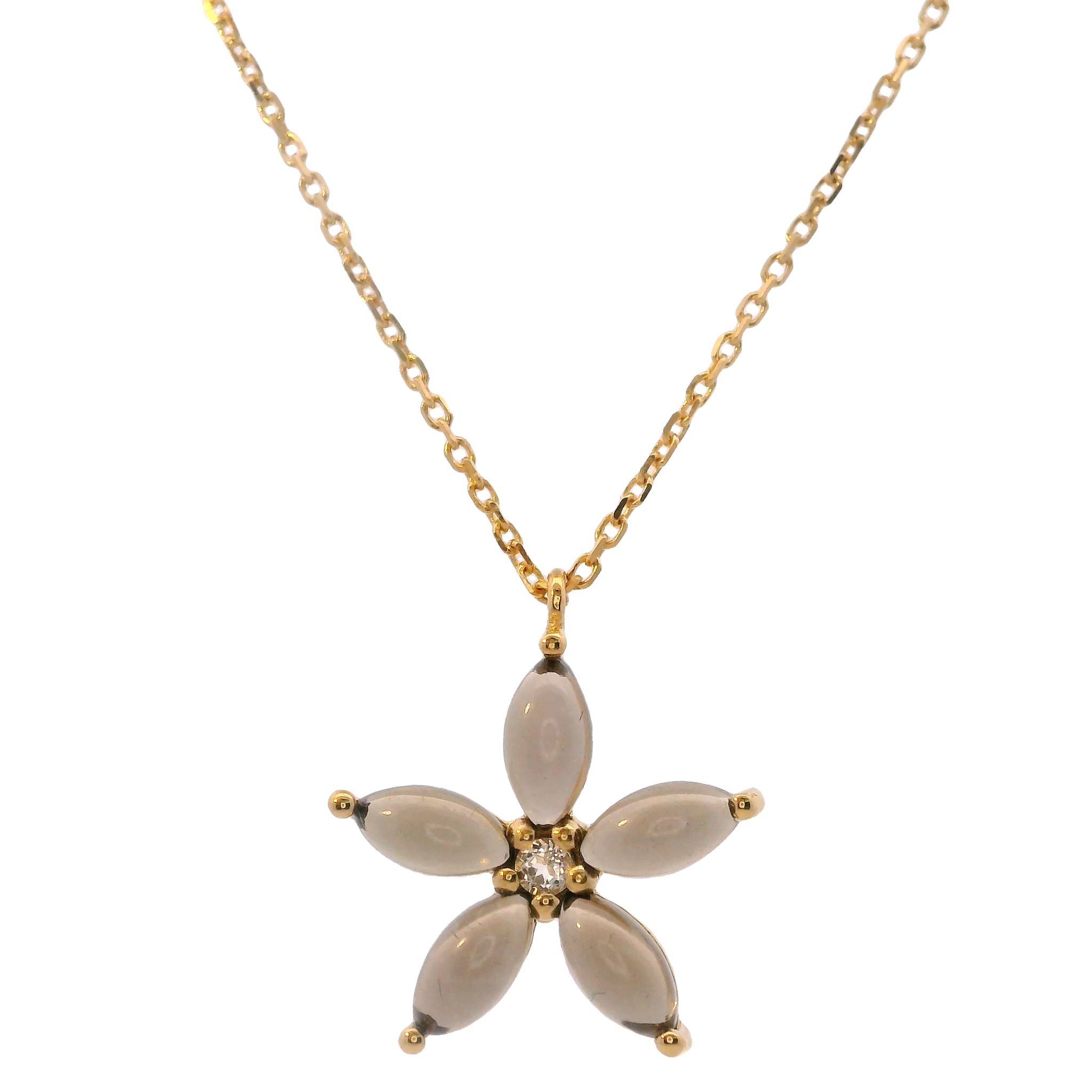 925YG FLOWER 15MM SMOKY QUARTZ CENTER TOPAZ WHITE NECKLACE