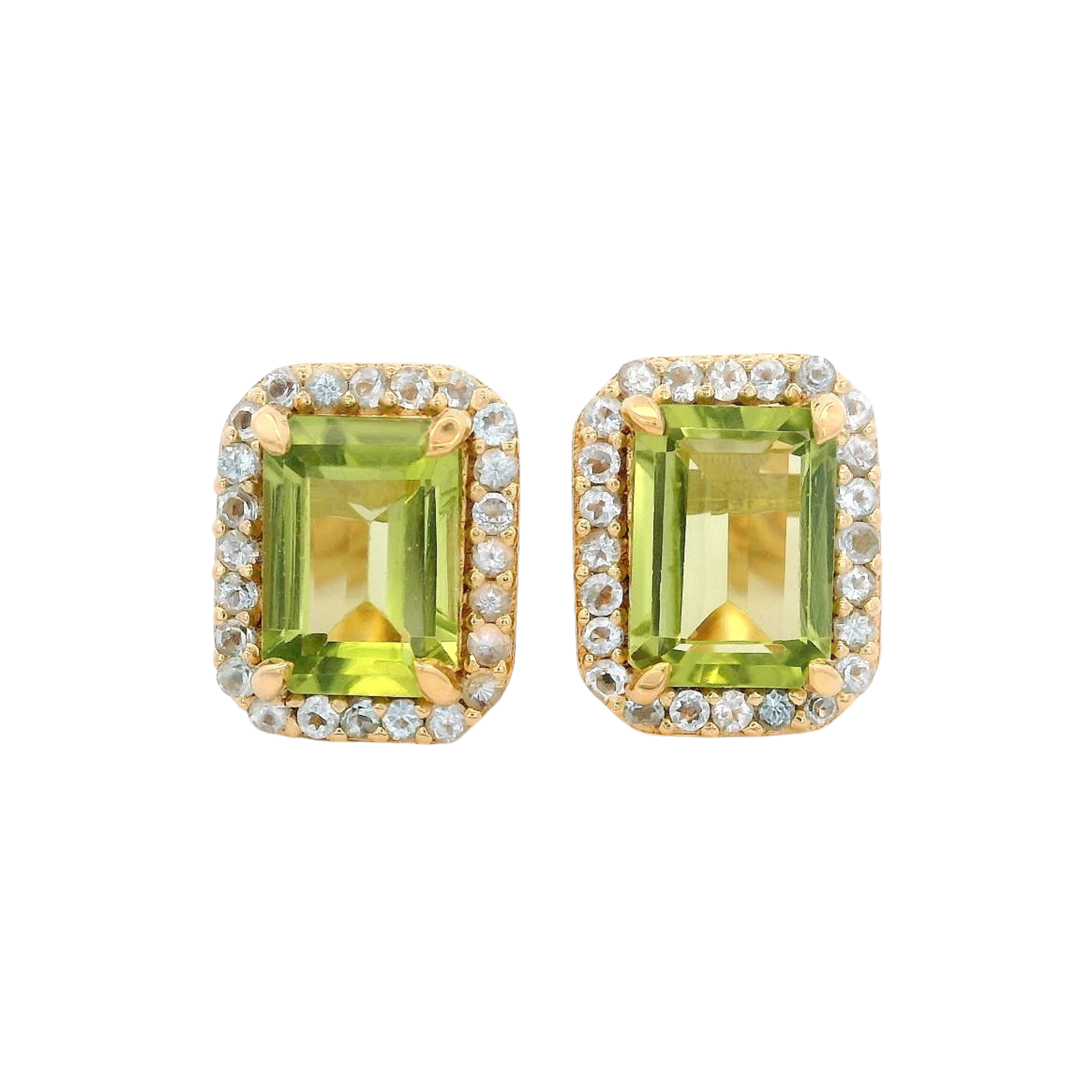 925YG BAQUETTE PERIDOT AROUND TOPAZ BLUE SWISS EARRINGS