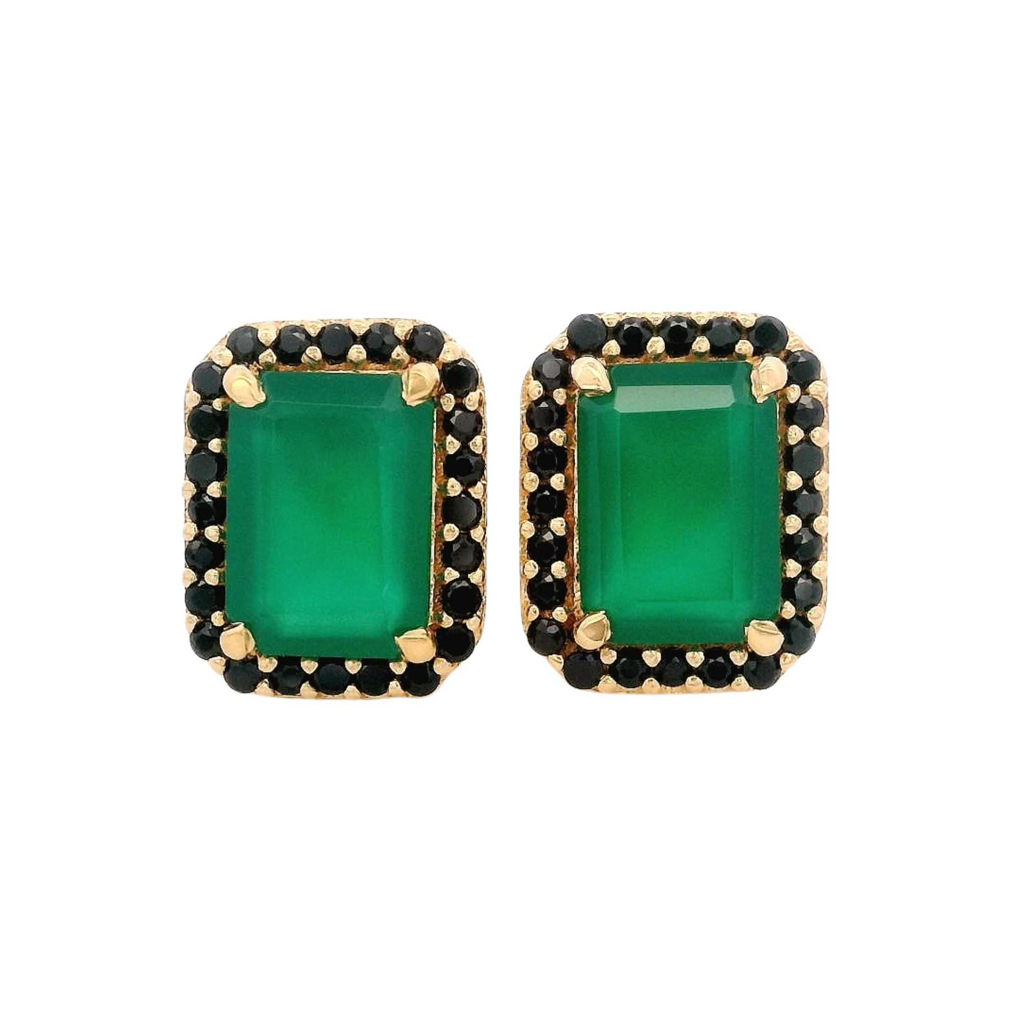 Pair of earrings with green gemstones and black and gold accents on a white background