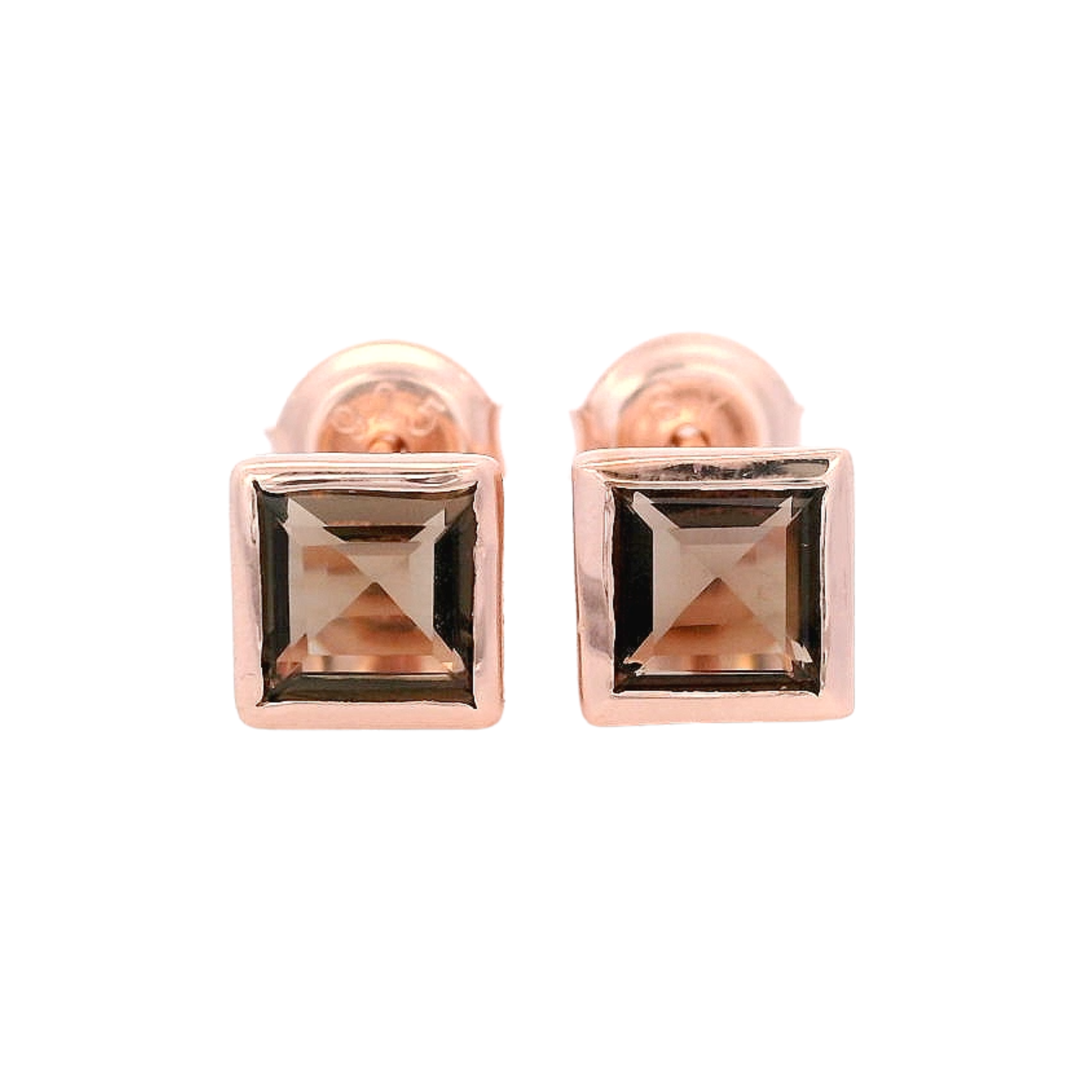 925RG SQUARE BEZEL SMOKY QUARTZ STUD EARRINGS
