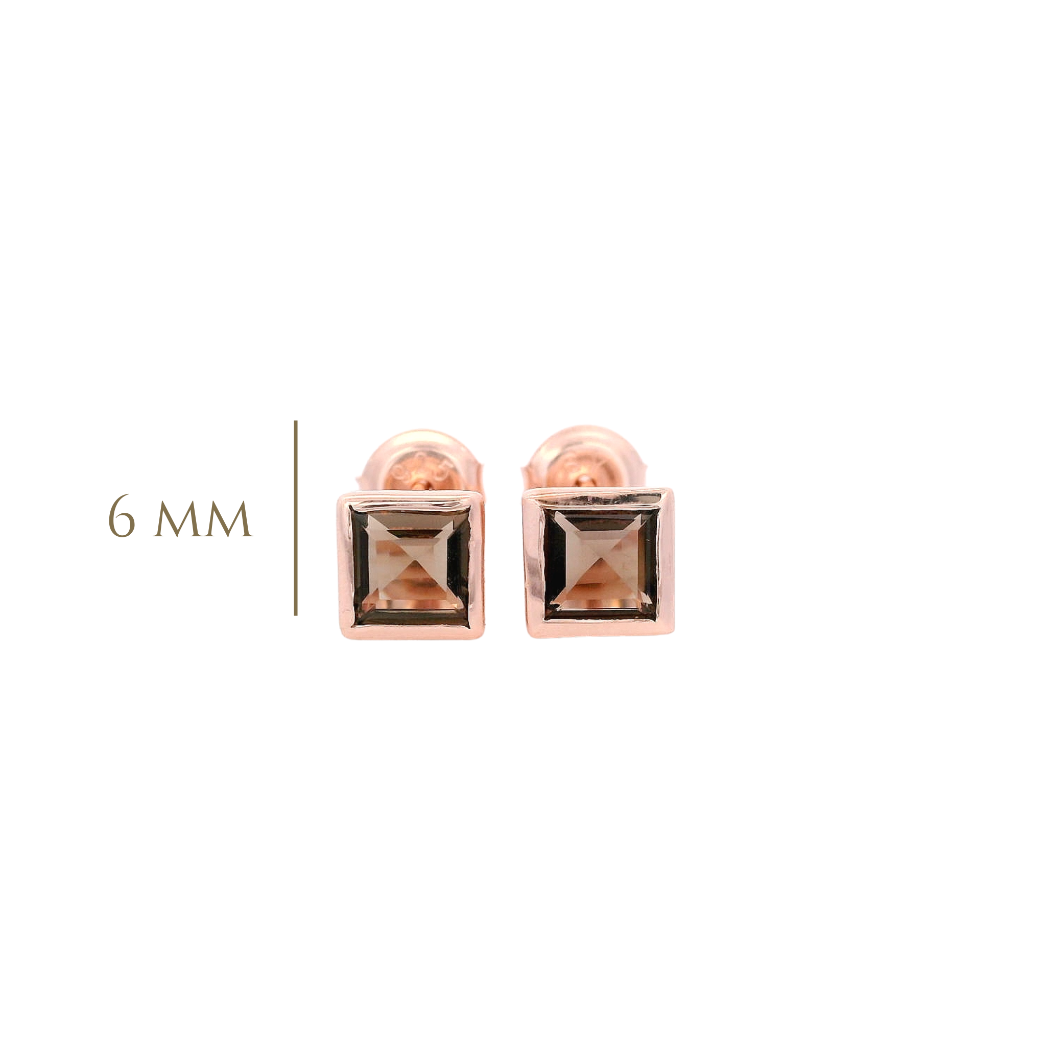 925RG SQUARE BEZEL SMOKY QUARTZ STUD EARRINGS