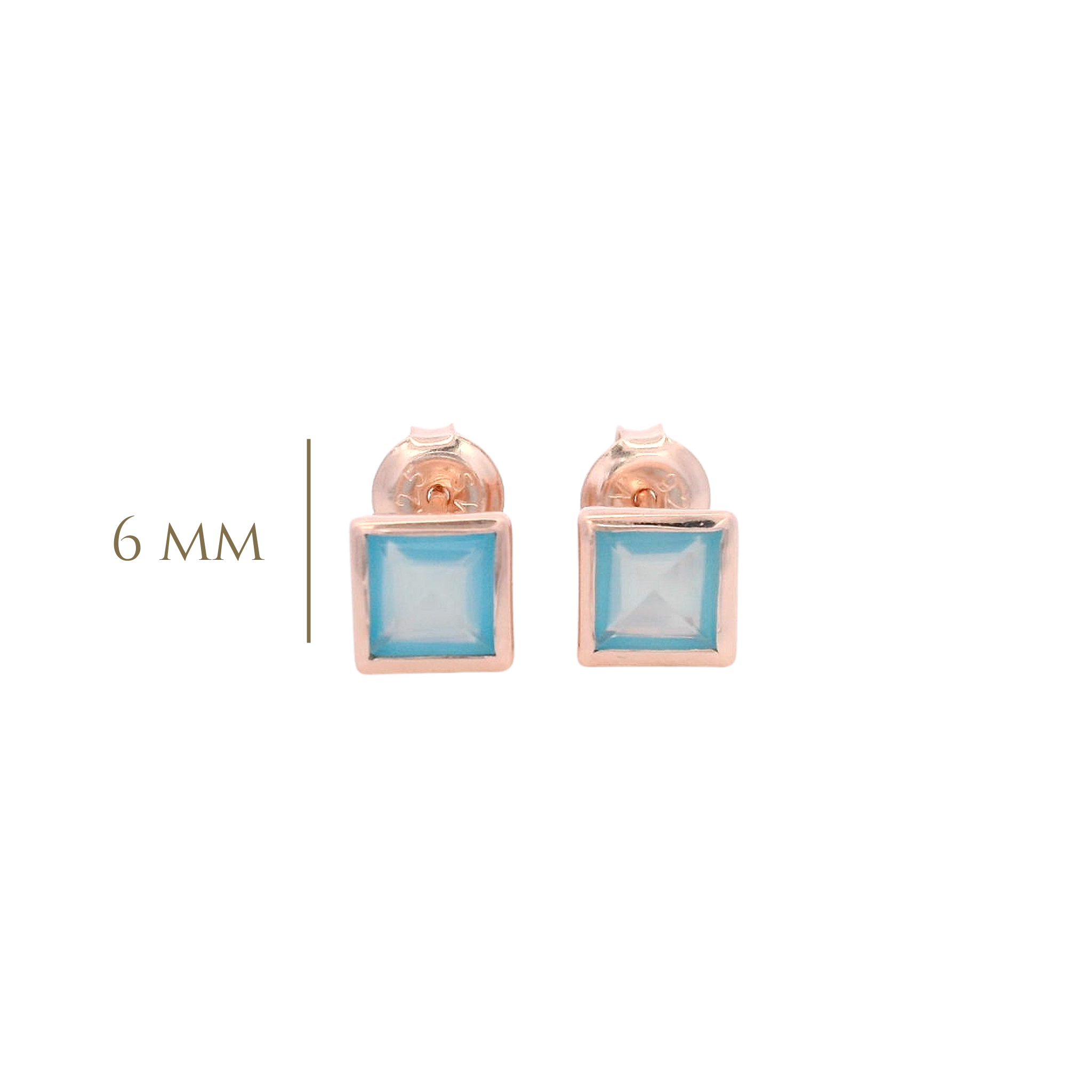 925RG SQUARE BEZEL CHALCEDONY BLUE STUD EARRINGS