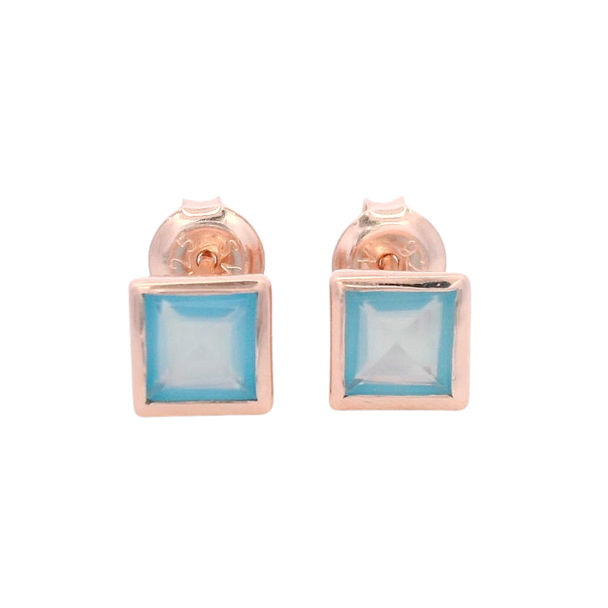 925RG SQUARE BEZEL CHALCEDONY BLUE STUD EARRINGS