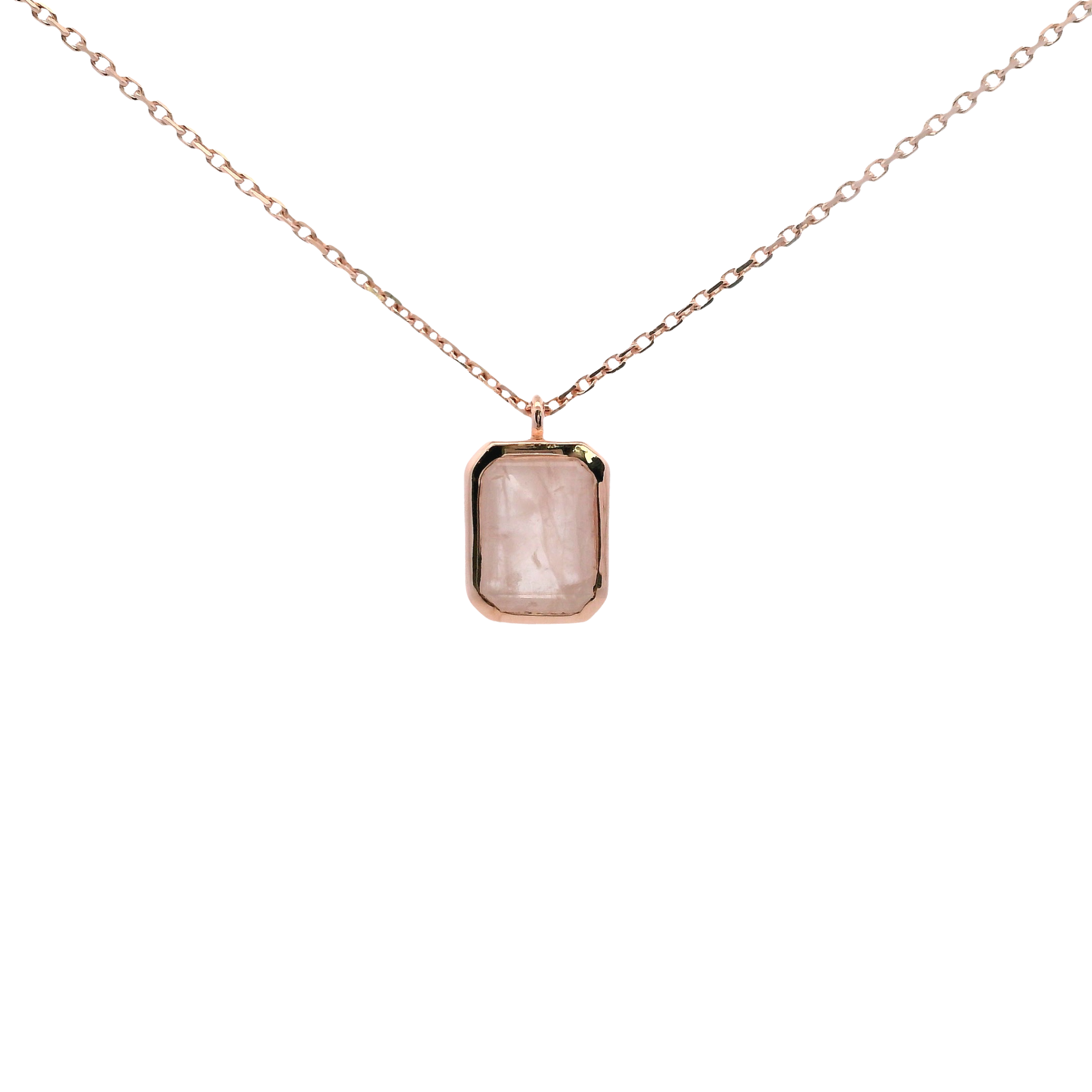 925RG SOLITARY BAGUETTE ROSE QUARTZ OPAQUE BEZEL 9MM NECKLACE